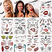 Halloween Face Temporary Tattoos, 9 Sheet Scary Tattoos Fake Scars Zombie Blood Tattoos for Halloween Makeup Accessories, Blood Eyeball Wound Skull Claw