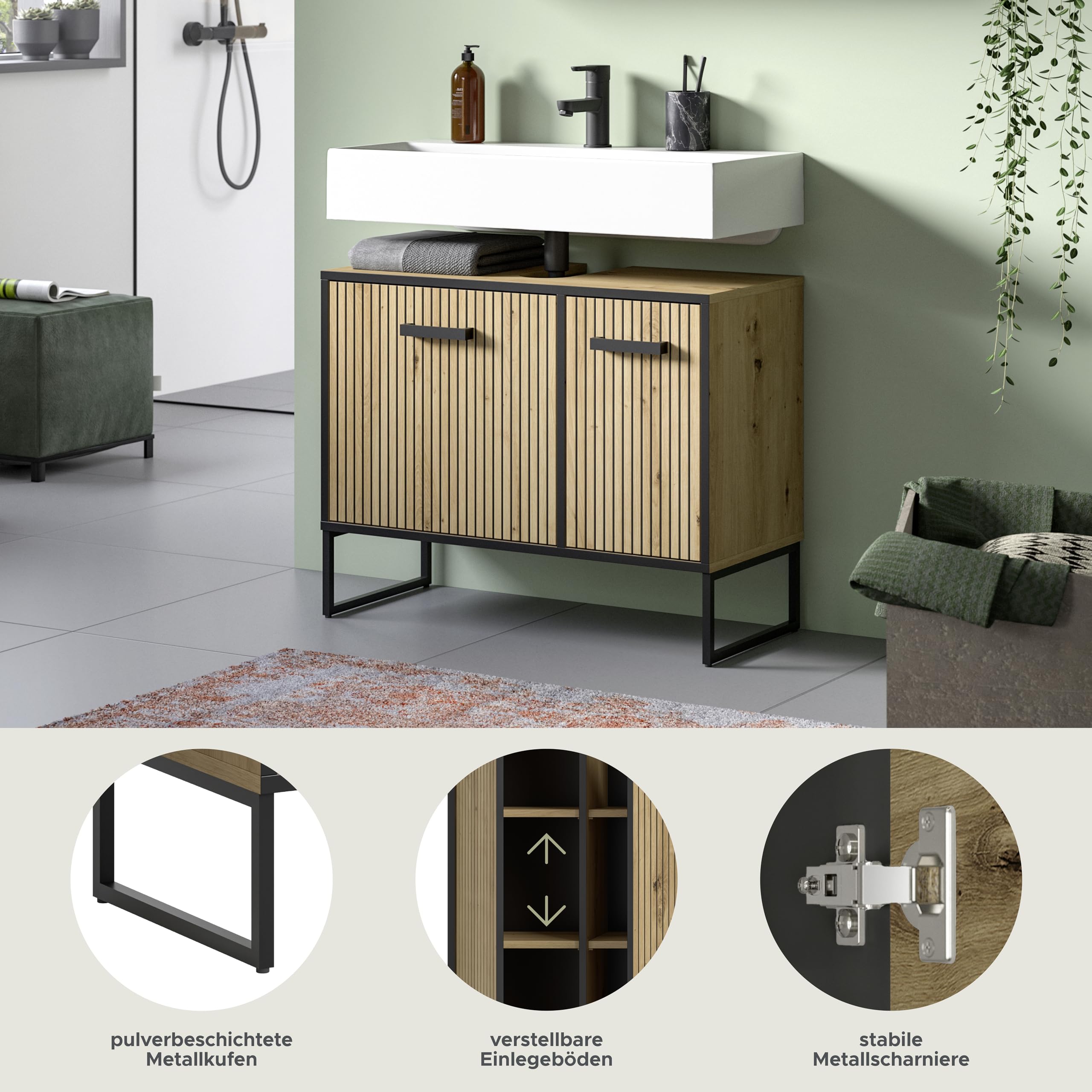 xonox.home Szafka pod umywalkę Bagno 80 x 63 x 36 cm z imitacji Artisan Oak – szafka dolna z 2 drzwiami, 4 półkami i wycięciem na syfon – dużo miejsca pod umywalką, wytrzymała i nowoczesna konstrukcja