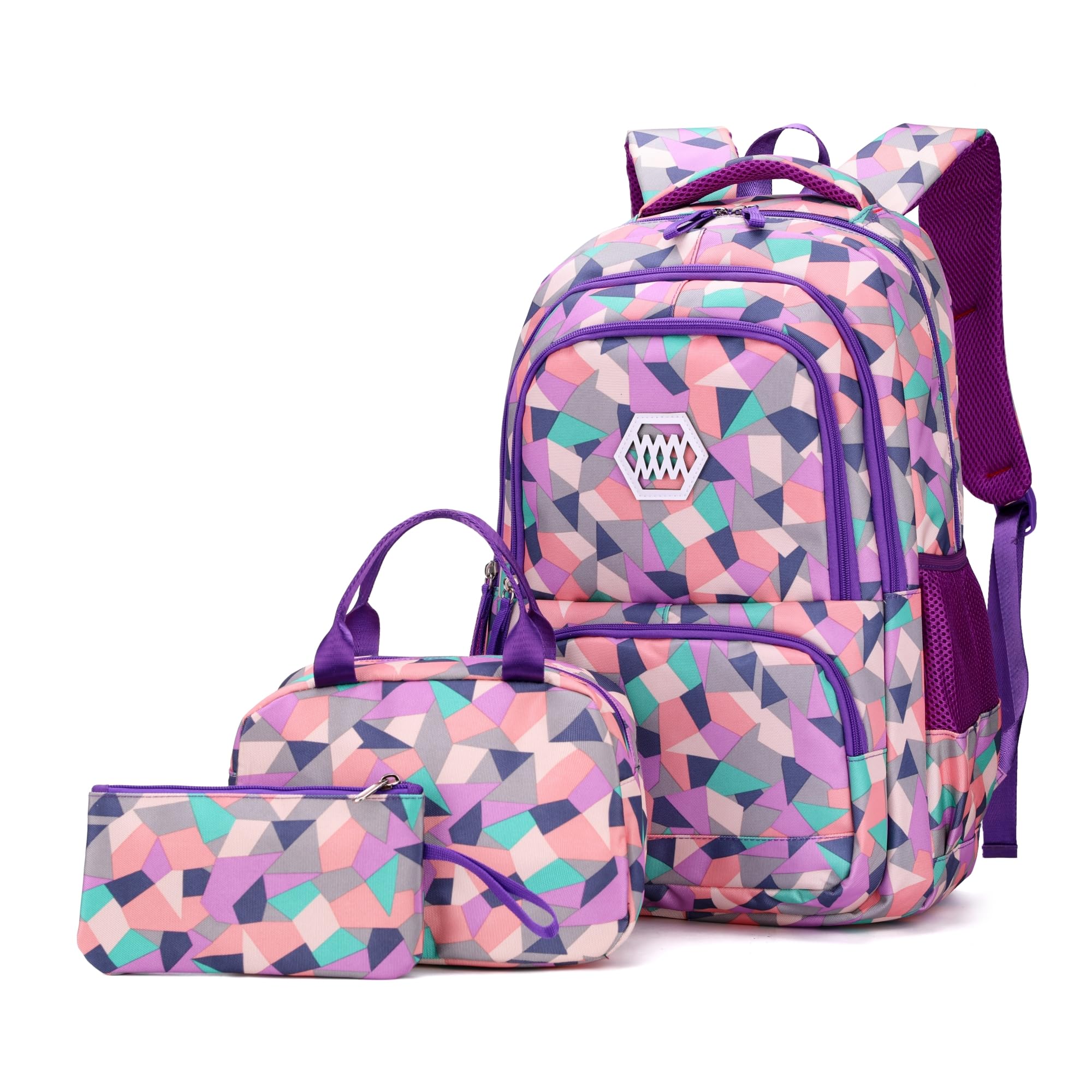Bansusu3Pcs Purple-a-3pcs Geometric Print Backpack and Lunch-Bag Set for Girls School Elementary Bookbags, 12.205.9016.53inch, 19 Liters
