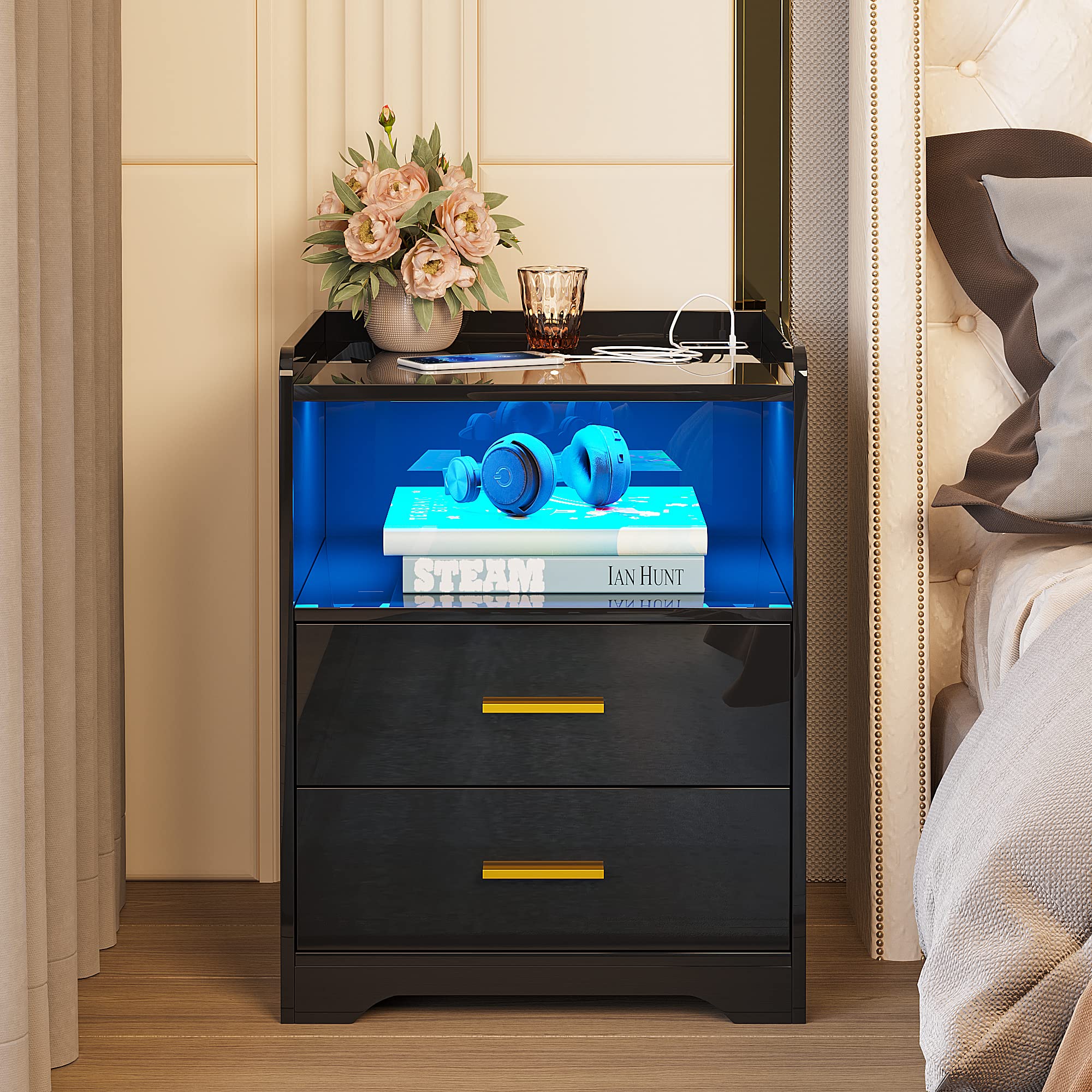 HNEBC Auto LED Nightstand with 2 USB Charging Ports, High Gloss Black Nightstand Side Table with