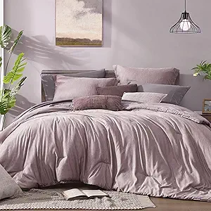 Monbix Queen Comforter Set - 7 Pieces Cationic Dyeing Lilac Bed in a Bag Queen Bedding Sets with Comforter, Sheets, Pillowcases & Shams, Reversible Bedding Comforters Sets