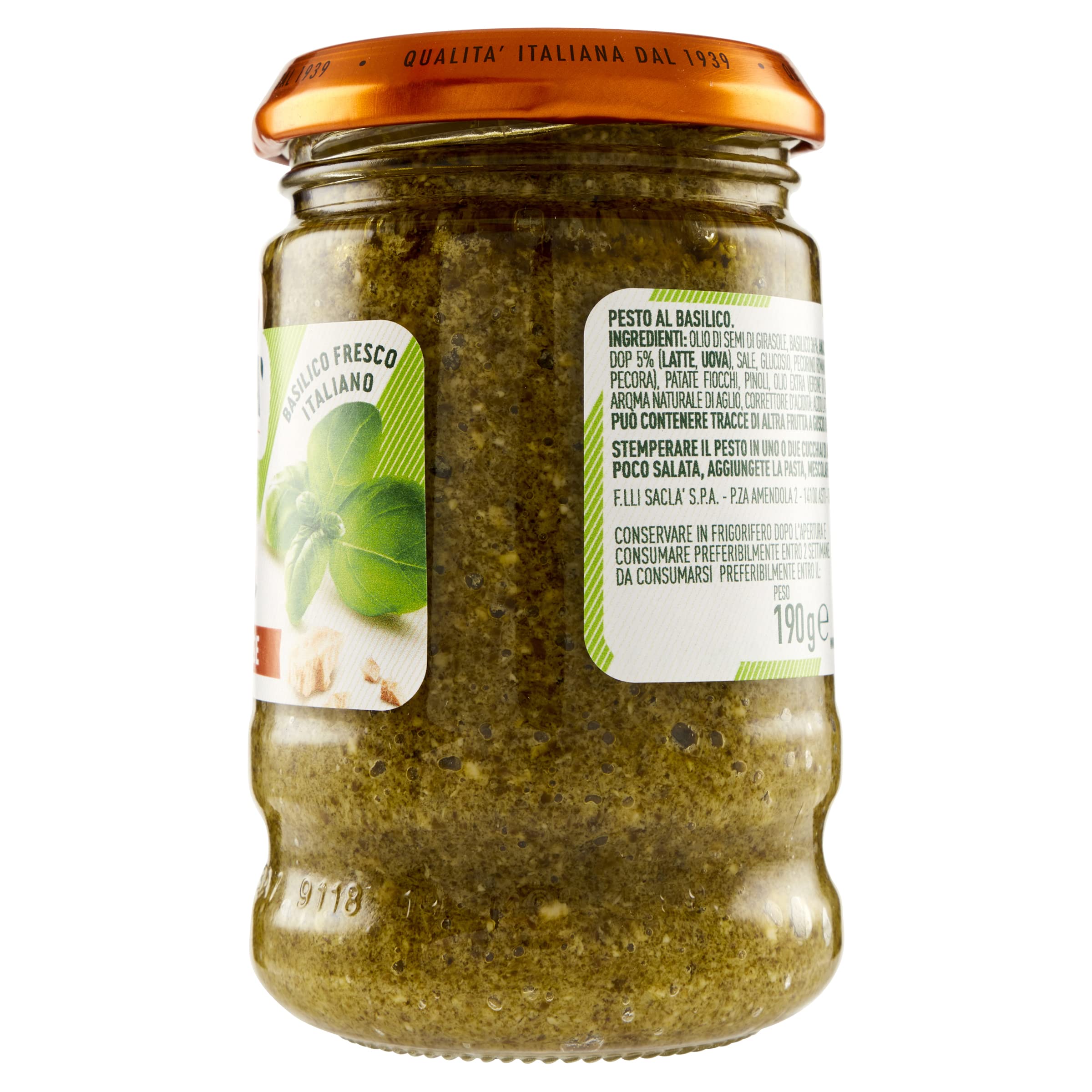 Saclà, Pesto alla Genovese, Condimento per Pasta e per Arricchire i Tuoi Piatti, con Basilico Fresco Italiano, Vaso Vetro, 190g, Confezione da 12 pezzi