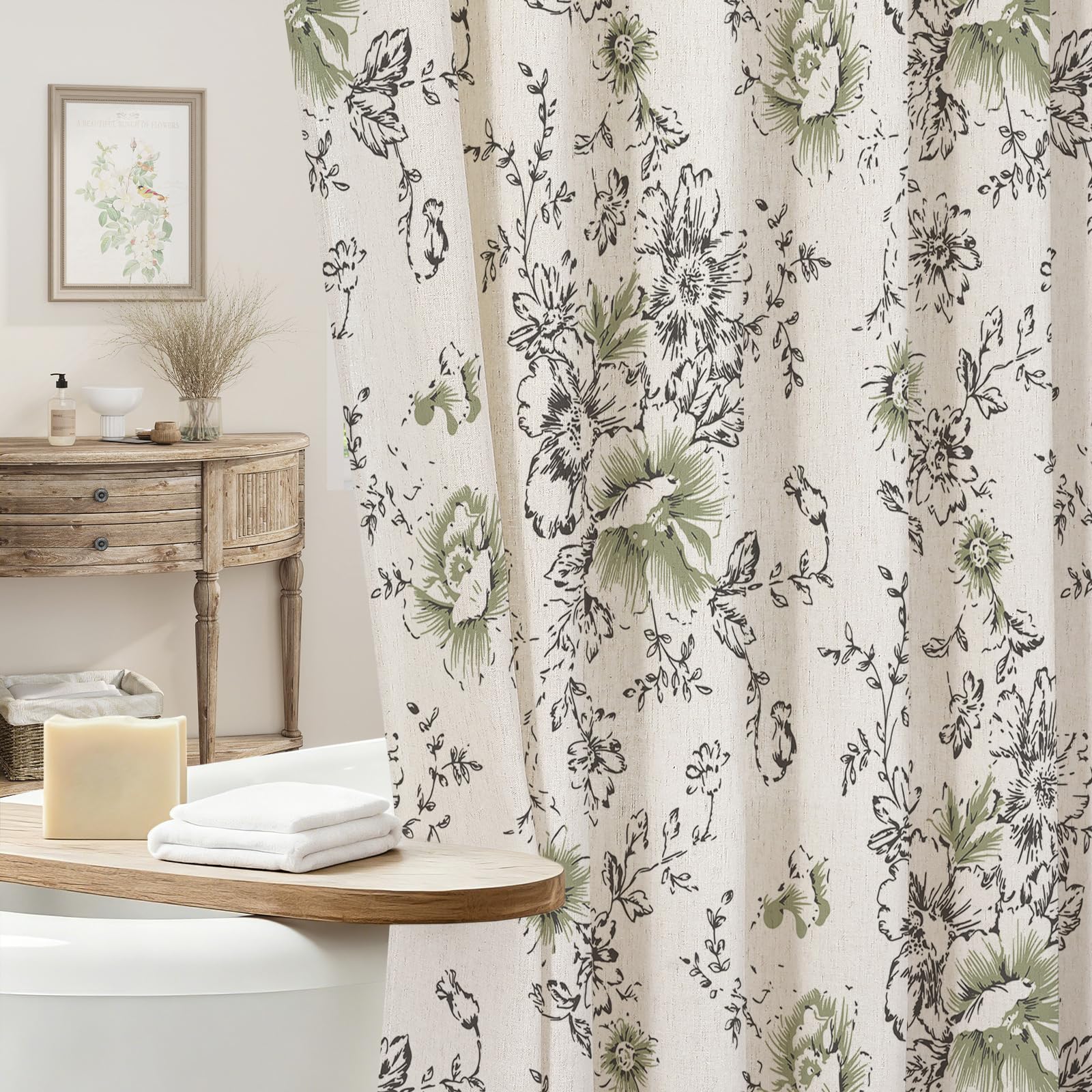 Craidlela Farmhouse Floral Shower Curtain, Black Linen Shower Curtains, Vintage Cottagecore Shower Curtain for Bathroom, Tan Taupe, 72x72