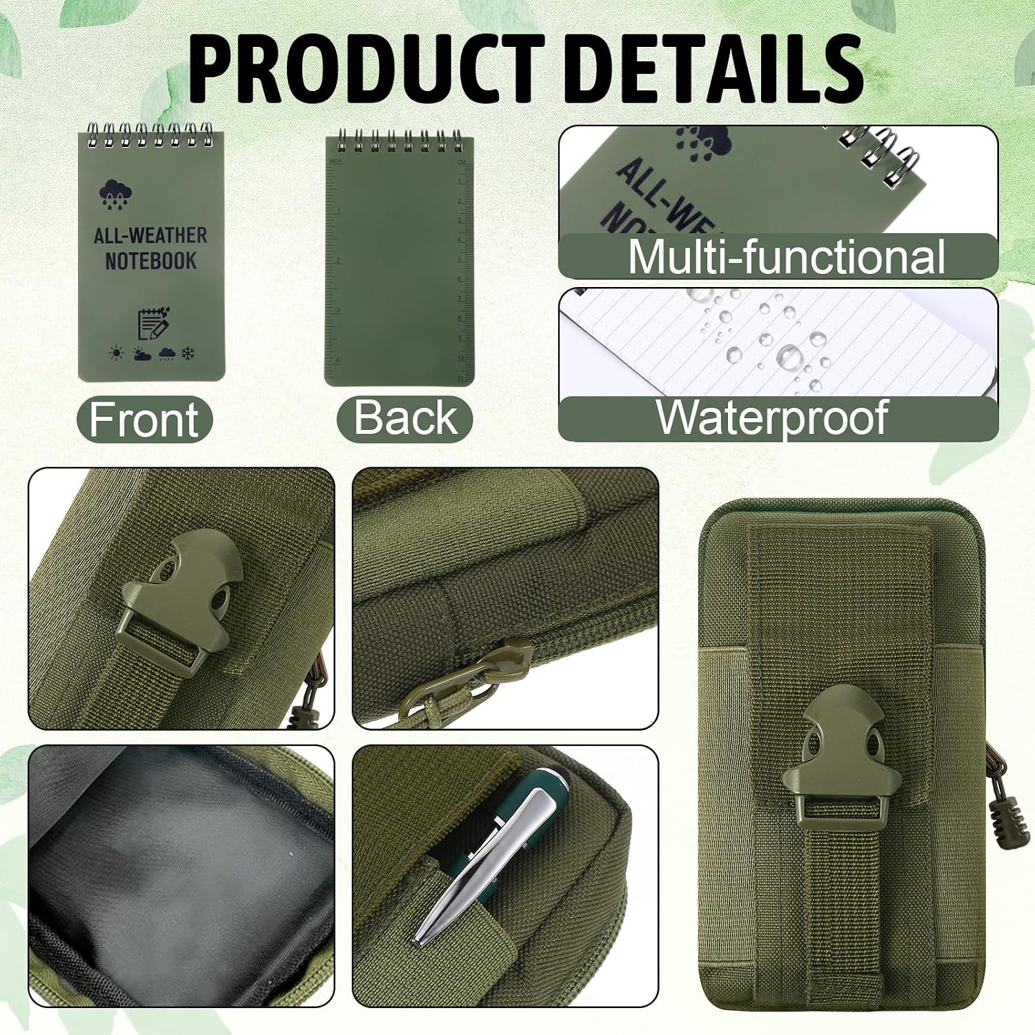 MveLwodx 7 Pcs Waterproof NotebookSets, 3 Waterproof Notepad with 3 All Weather Pen Military Gear and Fabric Notebook CoverWaterproof Notepad Army Gear, Pocket Notebook with Pen for Outdoor, Green image 3