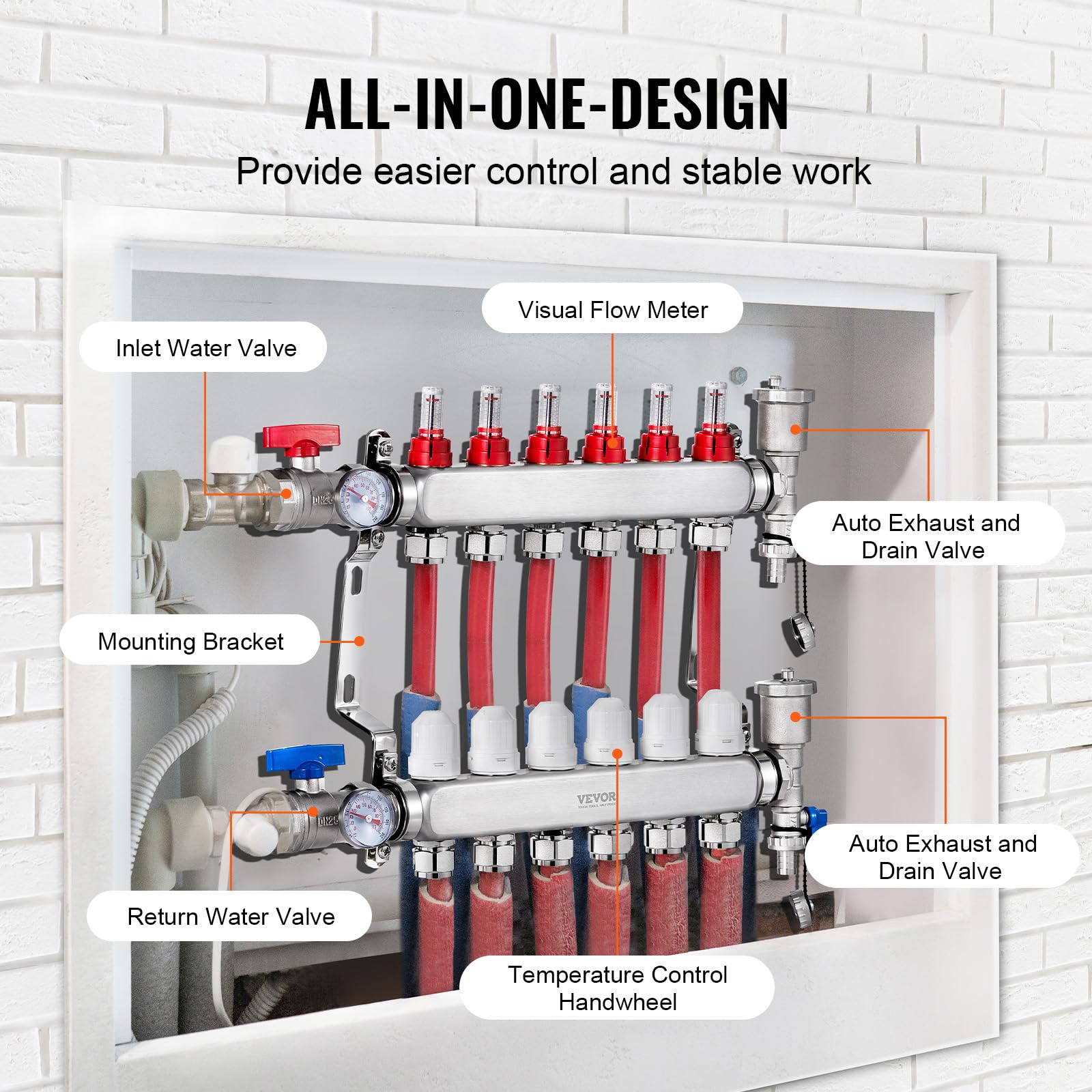 VEVOR Colector de Calor Radiante de 6 Derivaciones, Colector de Tubería PEX de Acero Inoxidable SUS304 para Calefacción por Suelo Radiante Hidrónico, con Adaptadores, 490 x 370 x 110 mm, 0-5 L/min