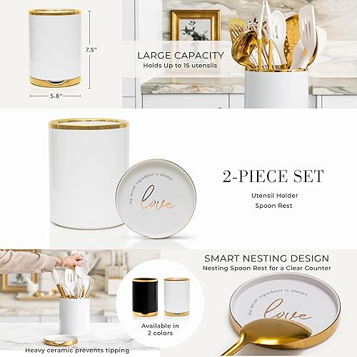 Miniatura 7 de STYLED SETTINGS Juego de utensilios de cocina blancos y dorados, juego de 13 piezas, incluye utensilios de cocina dorados, soporte para utensilios