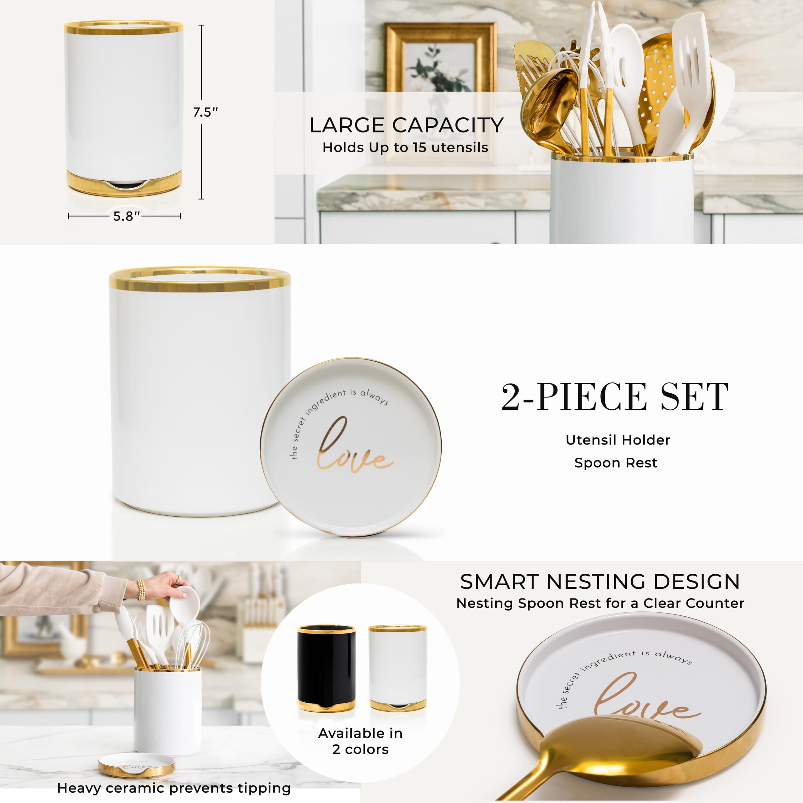 STYLED SETTINGS Juego de utensilios de cocina blancos y dorados, juego de 13 piezas que incluye utensilios de cocina dorados, soporte de cerámica y soporte para cucharas integrado, accesorios de