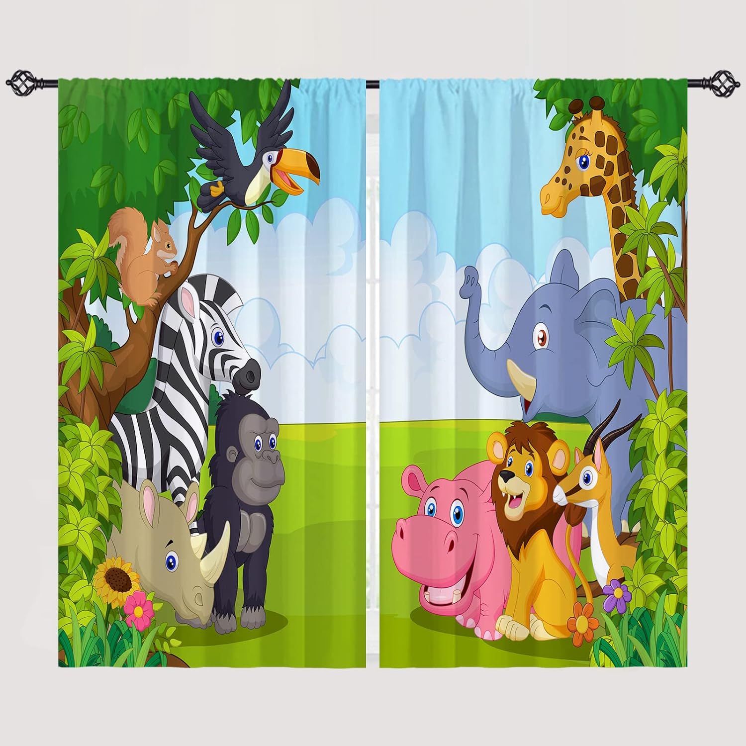 ANHOPE Animal Curtains Jungle Safari Wildlife Theme Rod Pocket Window Drapes