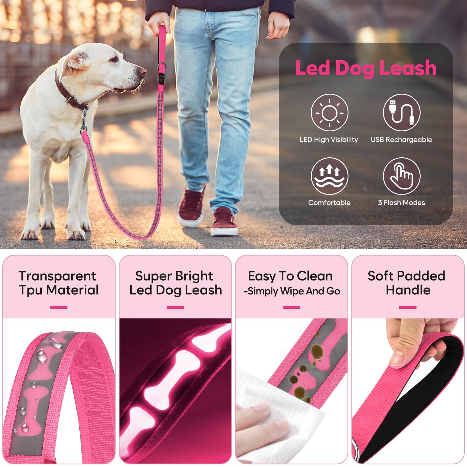 Flashseen Guinzaglio per cani luminoso, 1,2 m, LED con luce di tipo C, ricaricabile, in nylon, luci di sicurezza per cani per passeggiate notturne (rosa)