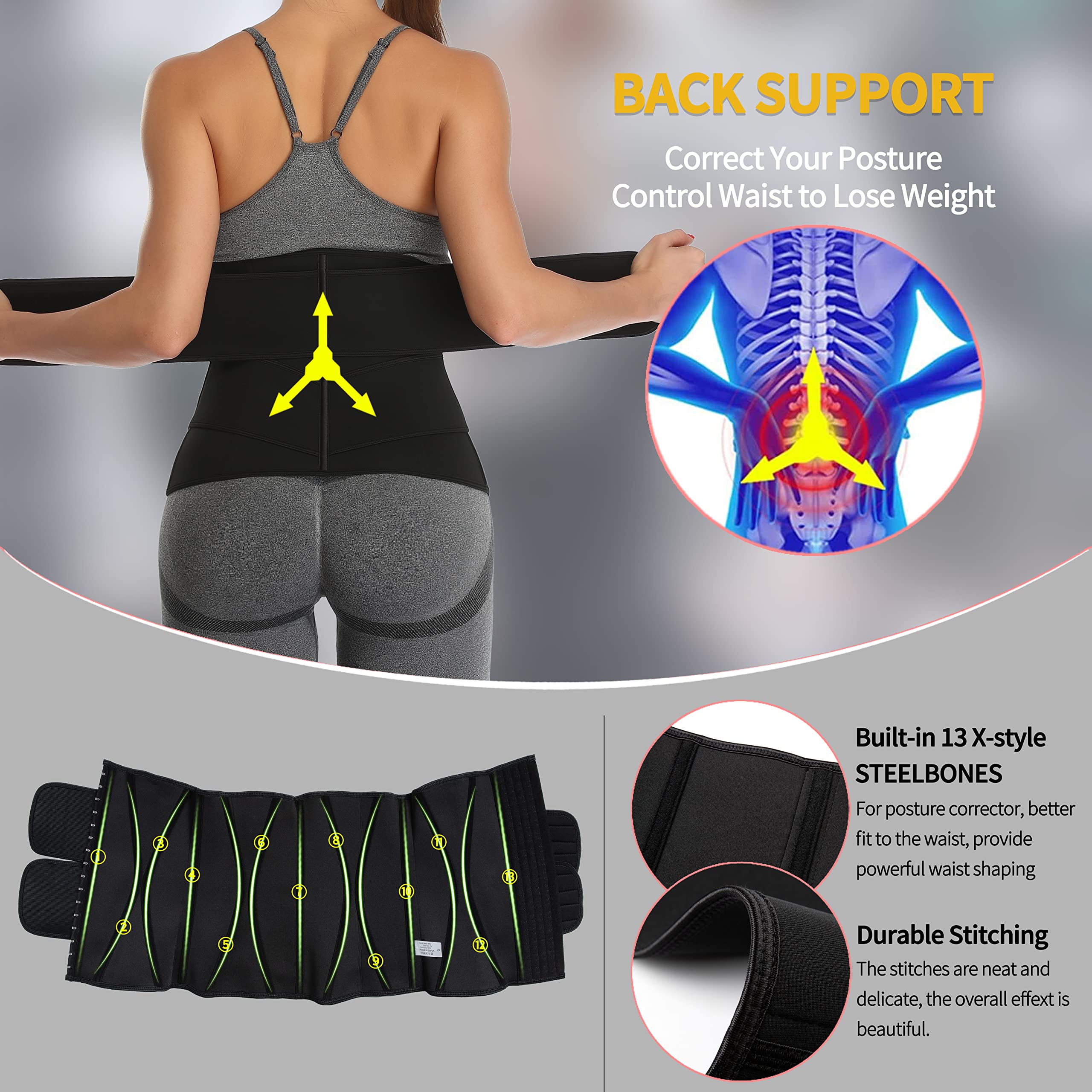 Neopren sauna trener talii gorset pas potowy dla kobiet trymer kompresyjny trening fitness wsparcie pleców - czarny - rozmiar M