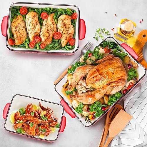 Miniatura 6 de Juego de 3 platos de cerámica para hornear, cacerolas profundas antiadherentes para horno, microondas y lavavajillas, utensilios rectangulares de