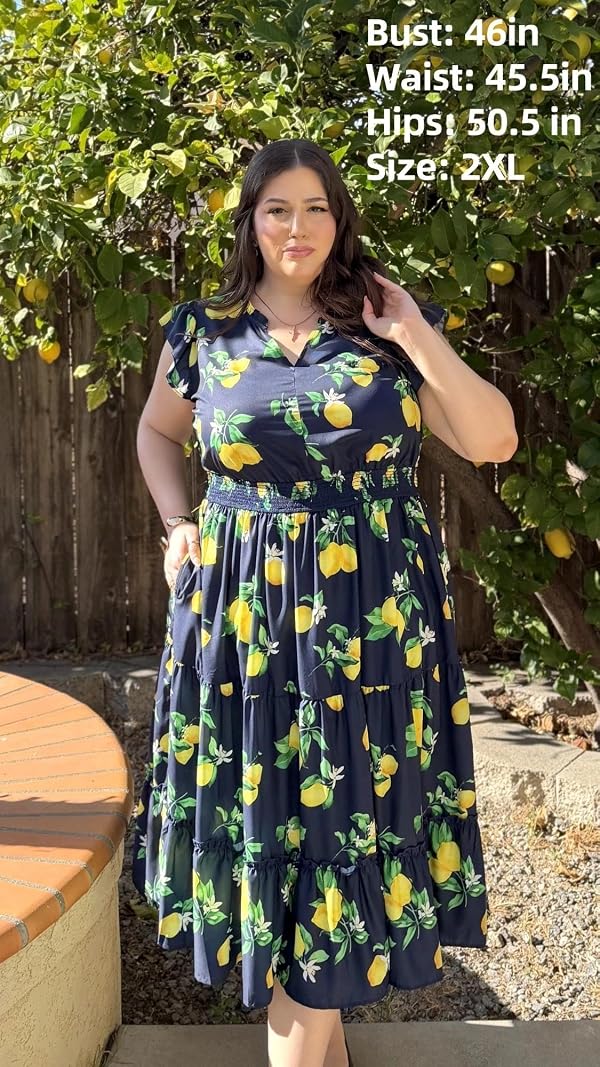 RITERA Ladies Plus Size 5X Cocktail Dress V Neck Navy Blue Lemon Ruffle Sleeve Dresses Maxi Wedding Guest Sundresses Summer Spring Boho Long Dresses Office Church Dress 5XL 28W by RITERA - Used condition - US$32.92