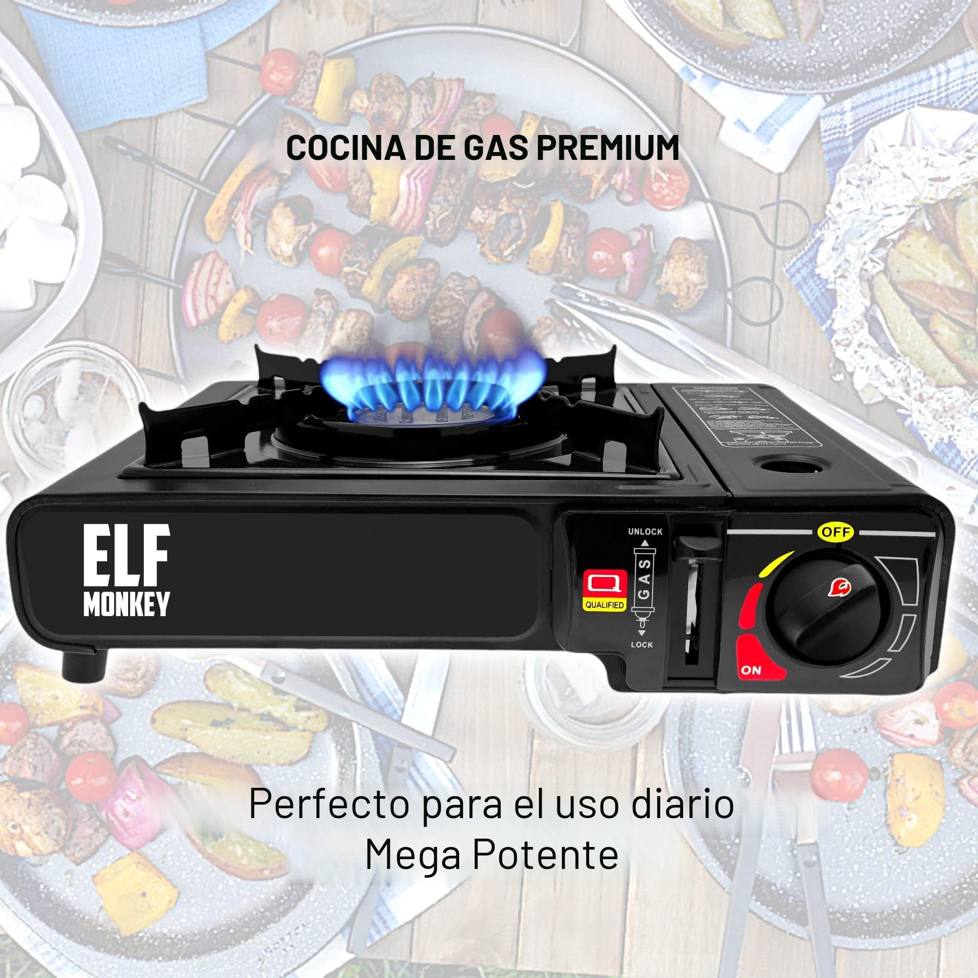 Hornillo de gas para acampada, incluye cartuchos de gas. Cocina de gas con maletín de transporte: con 12 cartuchos de gas