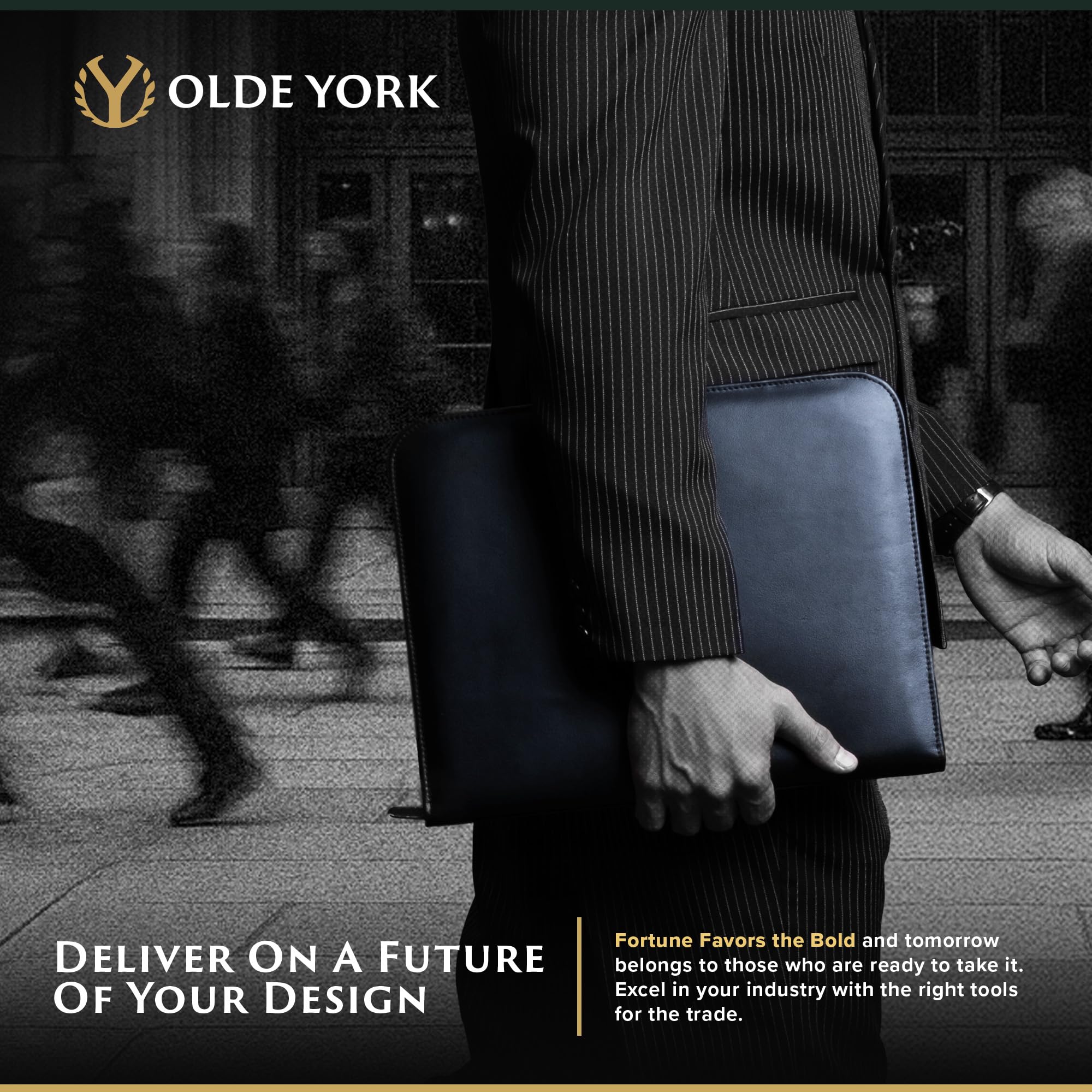 OLDE YORK Portafolio de cuero — Portafolio de cuero para hombres, padfolio para hombre — 100% cuero auténtico de grano superior [cuero negro]