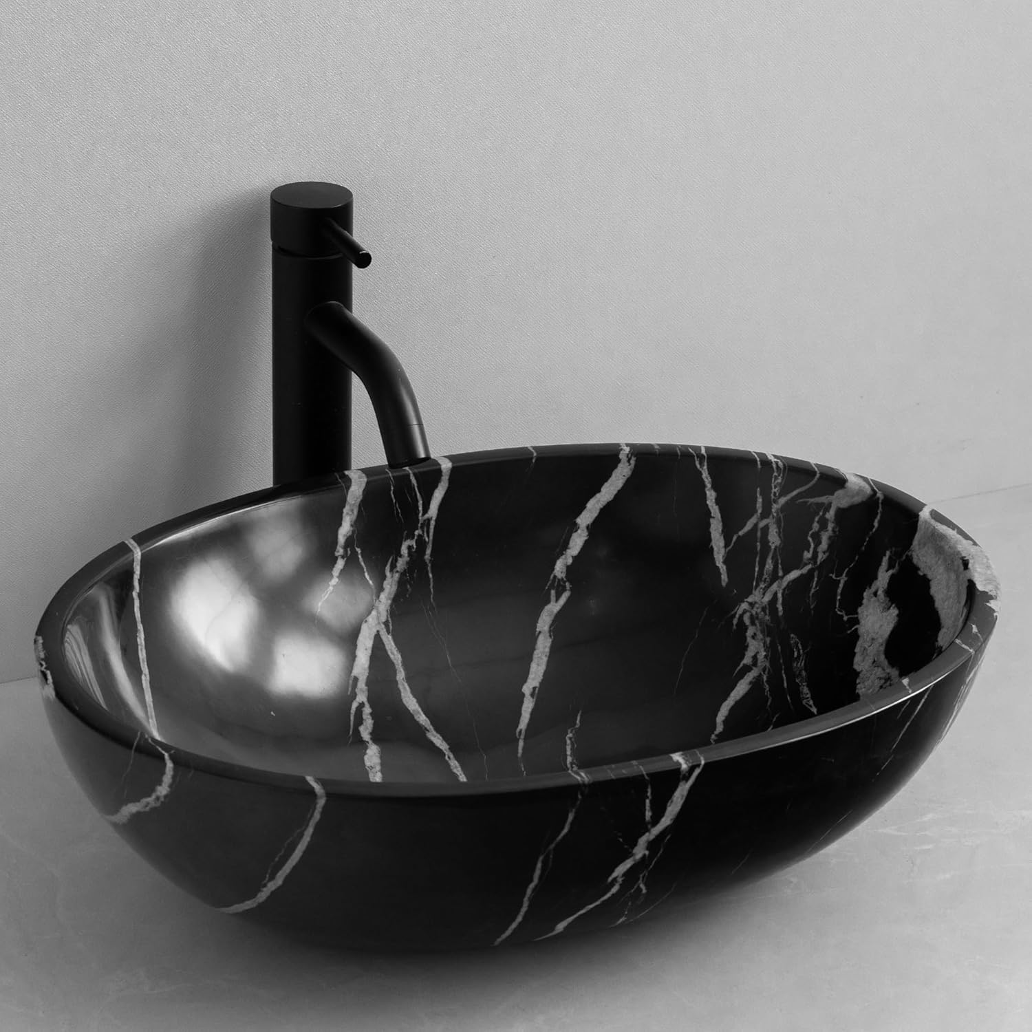 Black Natural Stone Vessel Sink – One-of-a-Kind Vein Oval Bathroom Sink Bowl – Exclusive Handcrafted Marble Sink – Unique Stone Vessel Sinks for Bathrooms – Luxury Statement Piece - Unique Veins 002