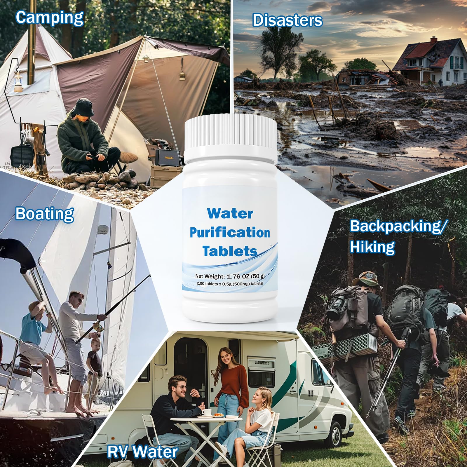Compresse per purificazione dell'acqua da 500 mg (100 pezzi) – Trattamento dell'acqua di emergenza per campeggio, sopravvivenza e viaggi – Formula NaDCC senza iodio, nessun retrogusto chimico