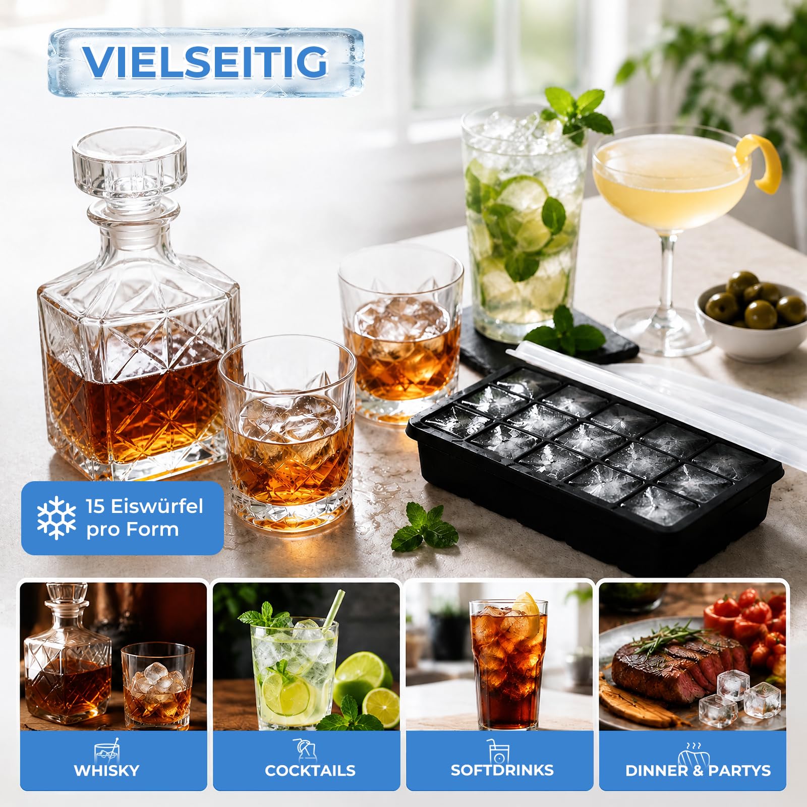 Pack 2 Cubiteras Silicona anti-olor con Tapa, 15 cavidades cada una, fácil de desmoldar, apilable, aptas para lavavajillas, LFGB sin BPA. Para hielo de café, whisky, purés. Negro.