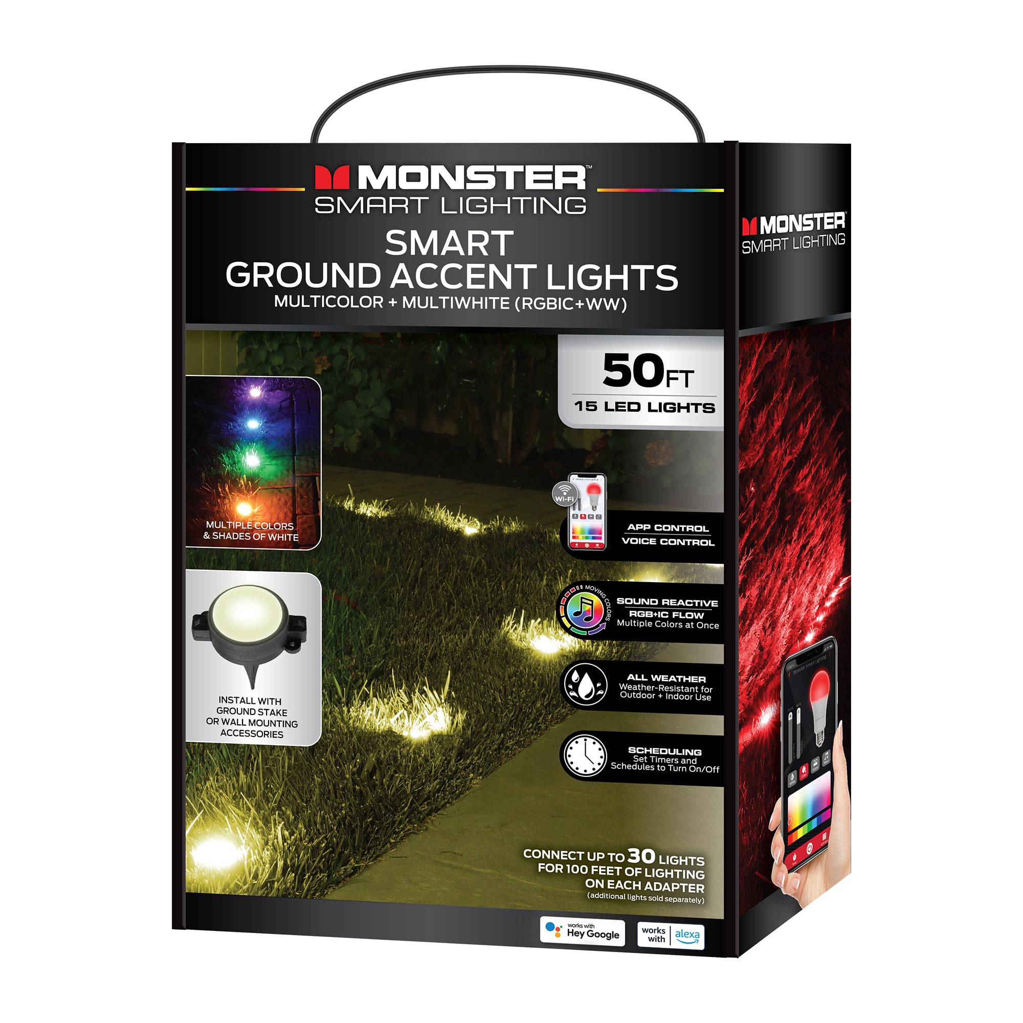 Monster Smart – Lumières LED RVB + IC + WW pour extérieur, 15 LED, réactives avec sons, piquets de terre et supports muraux/plafond, étanche IP44, fonctionne avec Alexa, Siri, Google Home,
