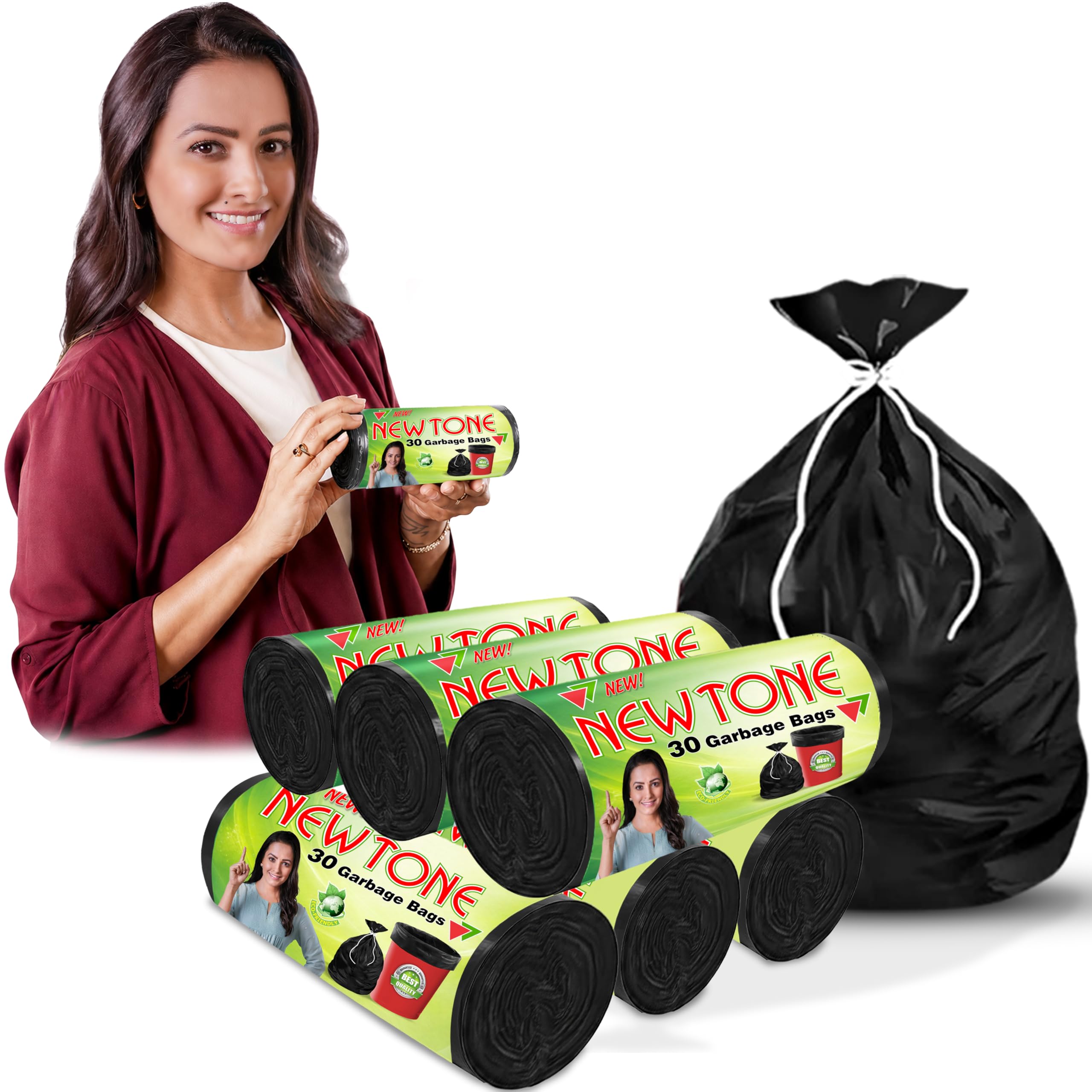 Newtone Garbage Bags | Medium 19 X 21 Inches | 180 Bags (30 Bags X 6 Rolls) | Dustbin/Trash bin | Pouch Packing | (Black)