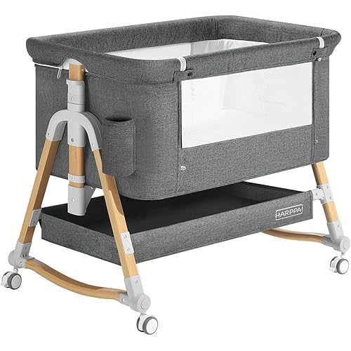 HARPPA Cuddly Bassinet, 3 in 1 Baby Bassinet Bedside Sleeper, Bedside Crib with Mattress and Wheels, Breathable Mesh, 5 Height Adjustable, Anchor Strap (Wood Grain, Grey)