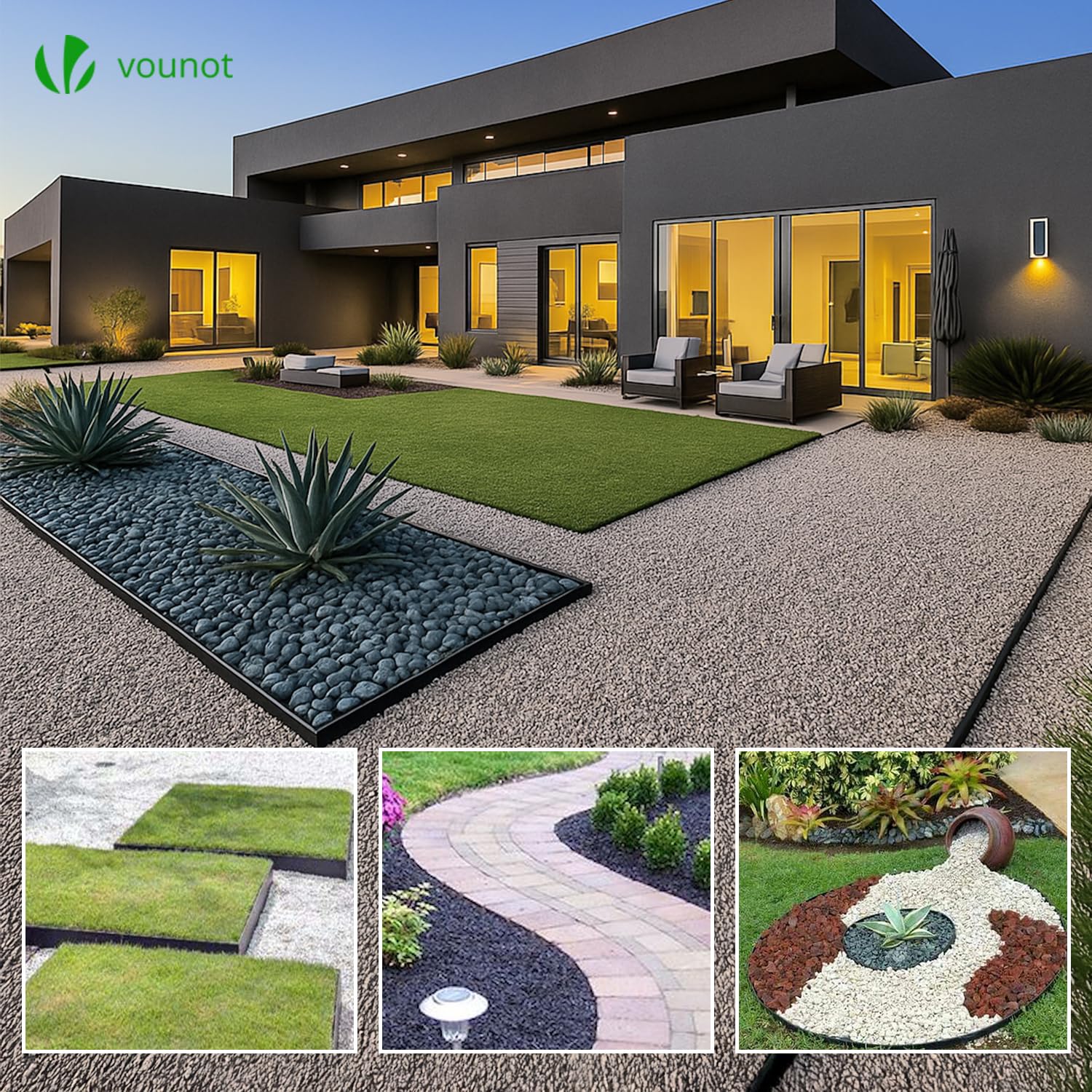 VOUNOT® Borde Jardín Césped Borde, Flexible de Plástico PE, Delimitadores de Bordes para Jardín Longitud 20m Altura 5cm Espesor 4mm Bordura Exterior para Tierra Cenefa Parterres con 60 Clavijas, Negro