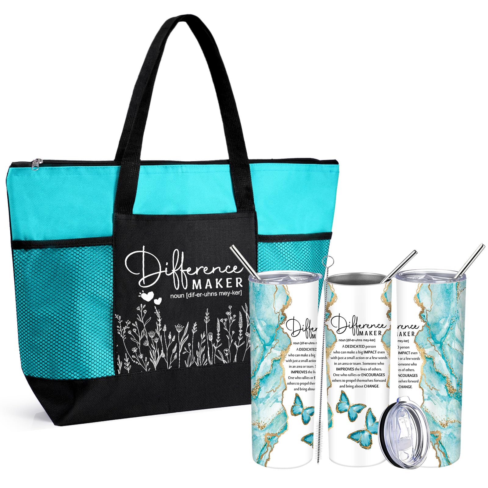 Buryeah 2 Pcs Difference Maker Gift for Women Thank You Tote Bag & Tumbler Valentine's for Employee Coworker Nurse Caregiver(Lake Blue)