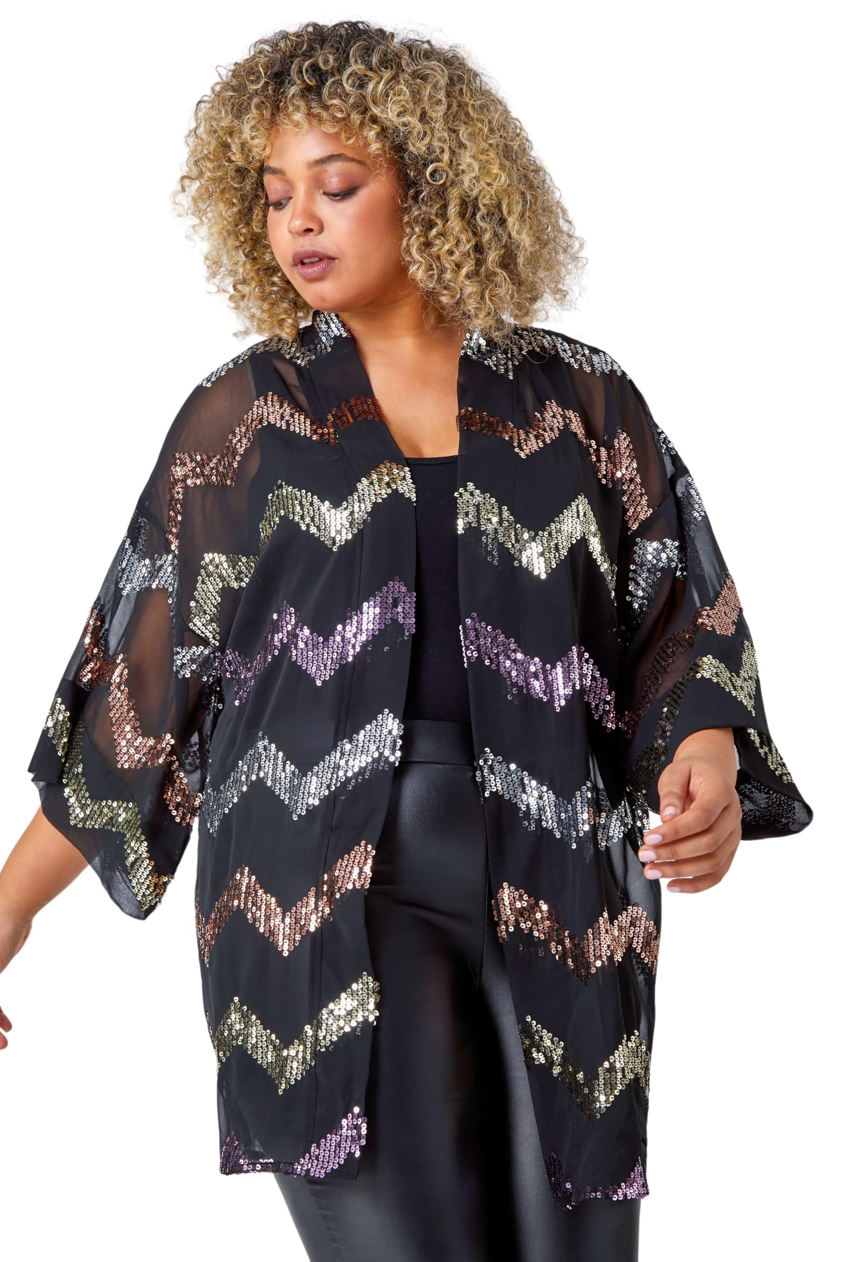 Roman Women's Curve 3/4 Sleeve Sequin Zig Zag Kimono in Black | Size: 26-28