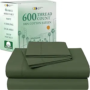 California Design Den California King Sheets Deep Pockets Set - Luxury 600 Thread Count 100% Cotton Sateen, California King Sheet Set, Hotel-Quality Bedding - Olive Green