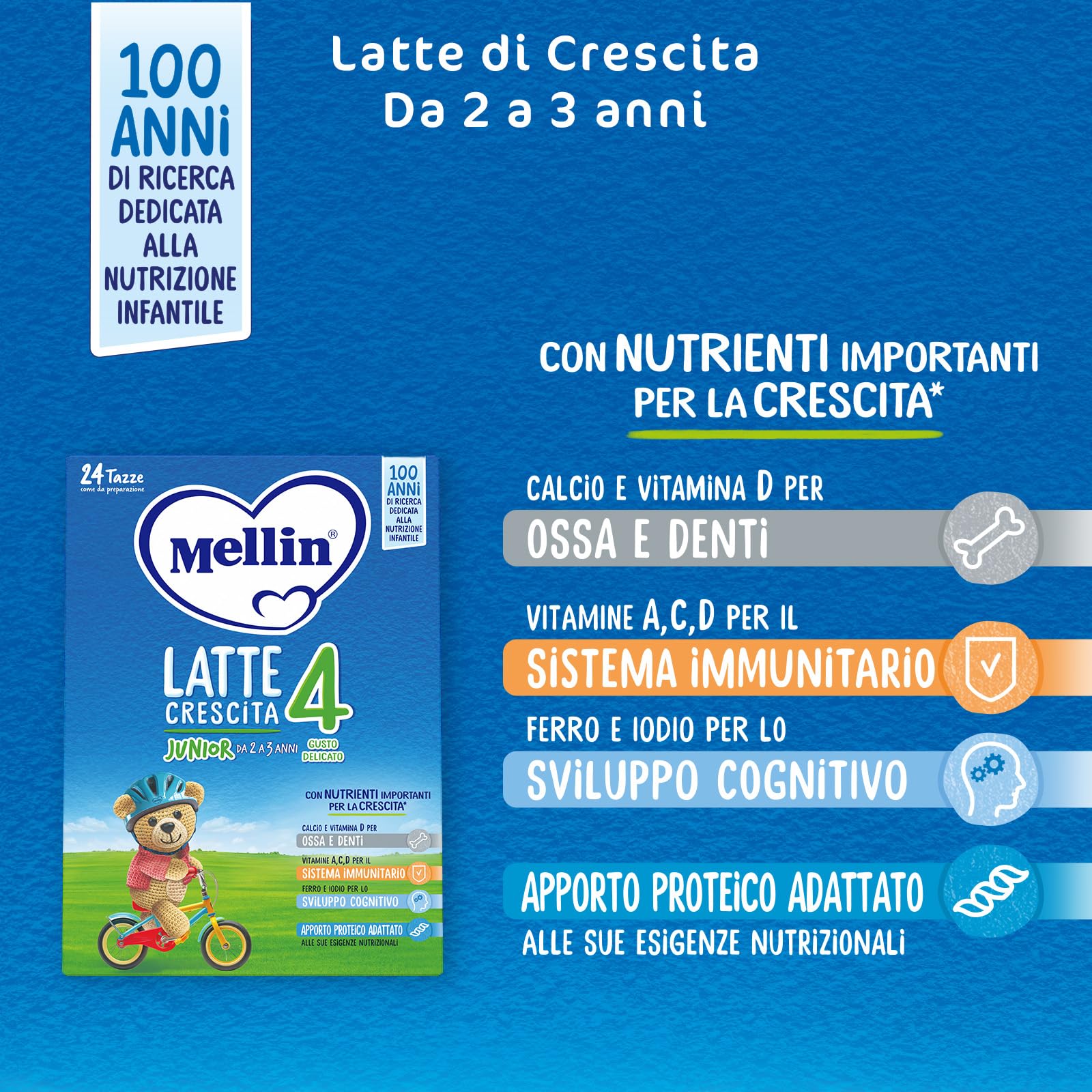 MELLIN 4 - Latte di Crescita in Polvere per Bambini - dal 2° anno compiuto al 3° anno, Gusto Delicato - Confezione da 3080 grammi (4 pezzi da 770g)