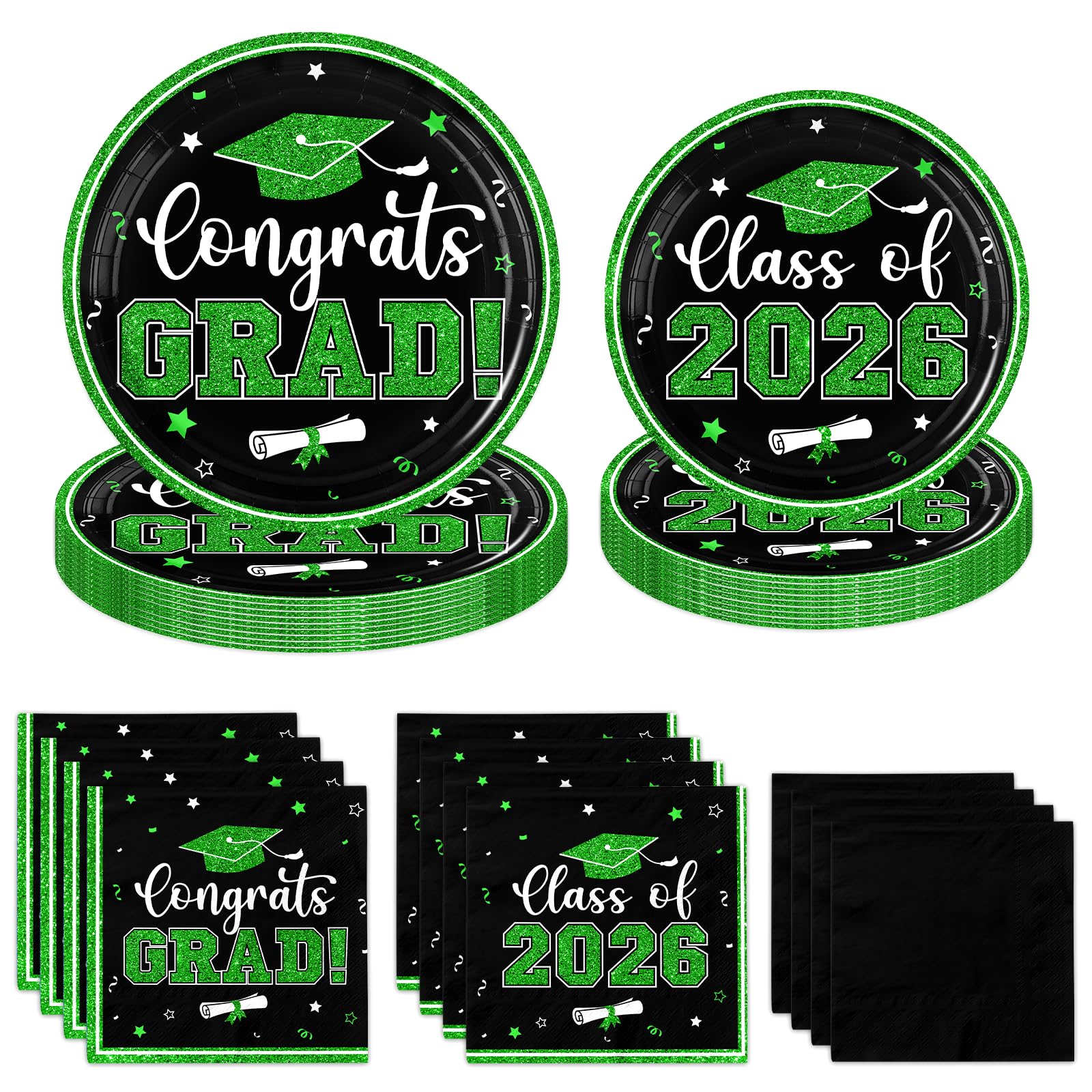 Black and Green Graduation Decorations,200Pcs Black and Green Graduation Plates and Napkins Congrats Grad Class Of 2026 Plates for Graduatio Party
