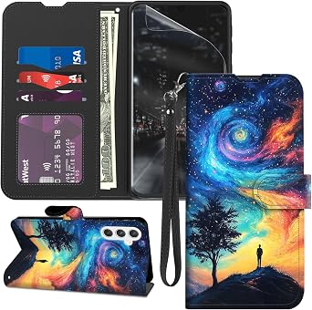 for Samsung Galaxy A15 5G Case Wallet with Screen Protector, Stand PU Leather Flip Folio Cover with Card Holder, Full-Body Protection Phone Case for Galaxy A15, Vast Sky