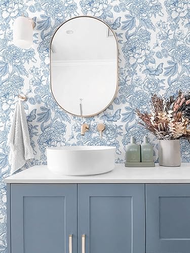 Miniatura 11 de Safiyya Papel tapiz floral para despegar y pegar, papel de contacto azul y blanco, papel tapiz bohemio para dormitorio, papel de pared de peonía