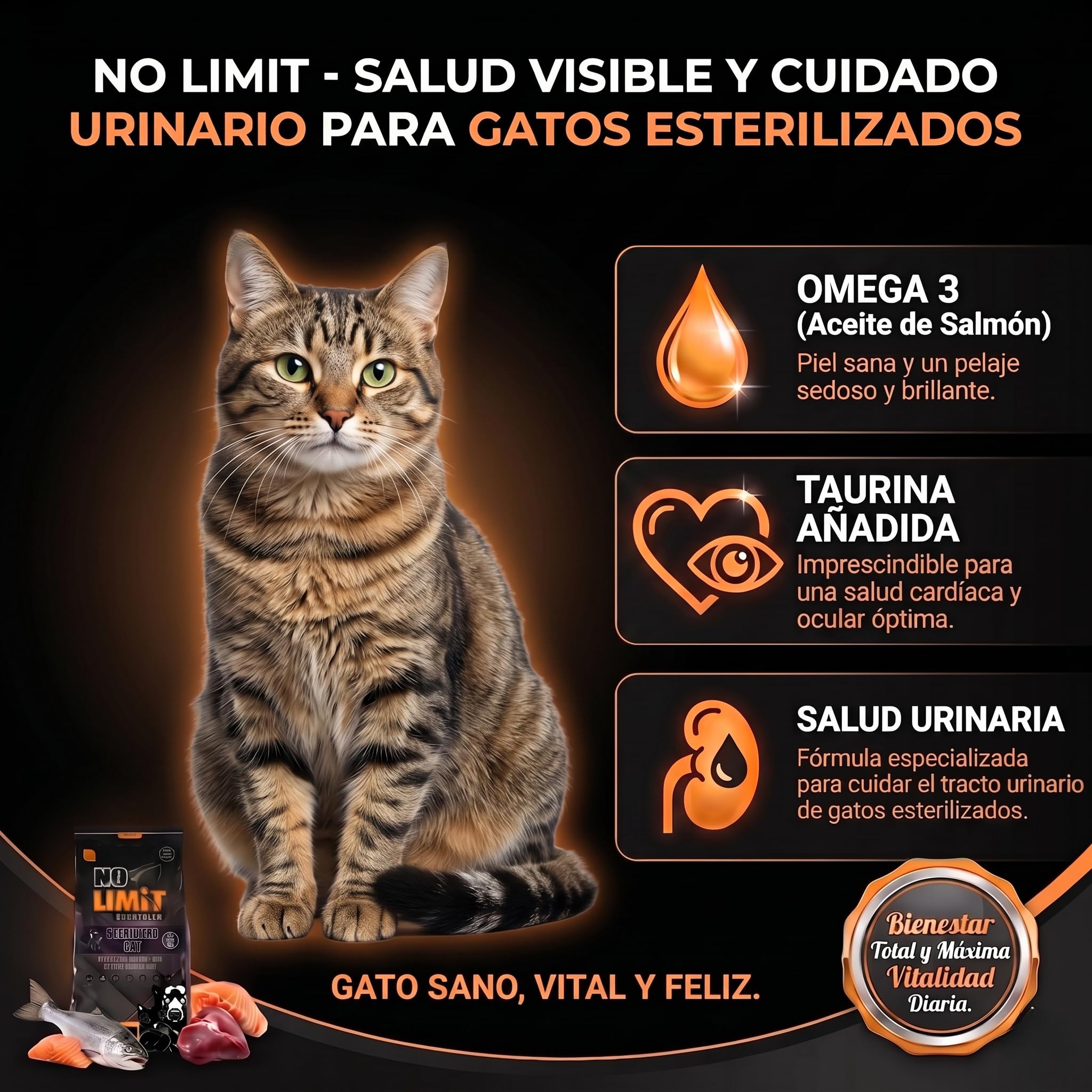 NO Limit Pienso para Gatos Esterilizados – Pollo, Atún y Salmón con Omega 3 – Comida Natural para Gatos Adultos – Cat Food Premium para Control de Peso, Articulaciones y Salud Urinaria - 15kg