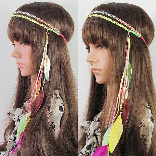 Miniatura 9 de Diadema de plumas bohemias, bandas para el pelo de hojas indias hippie, con borlas, aros bohemios para el cabello, diadema para mujer, Halloween,
