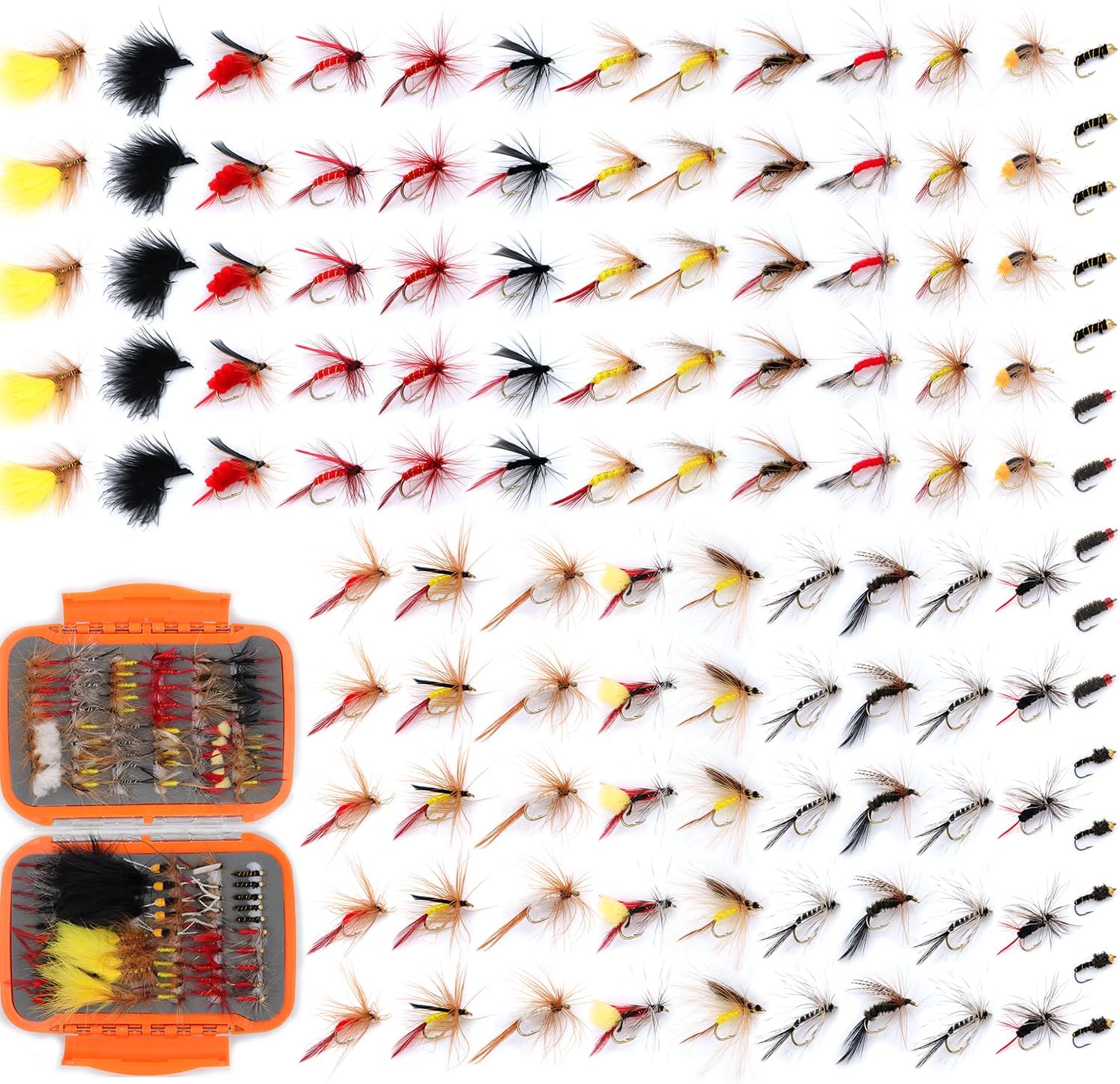 EXAURAFELIS Flying Flies kit Fishing Gear Fishing Lure 64/100/120PCS Dry Wet Flies Tackle Box Fly FishingLures for Bass Salmon Trout Freshwater Walleye Steelhead Bonefish Tarpon Saltwater
