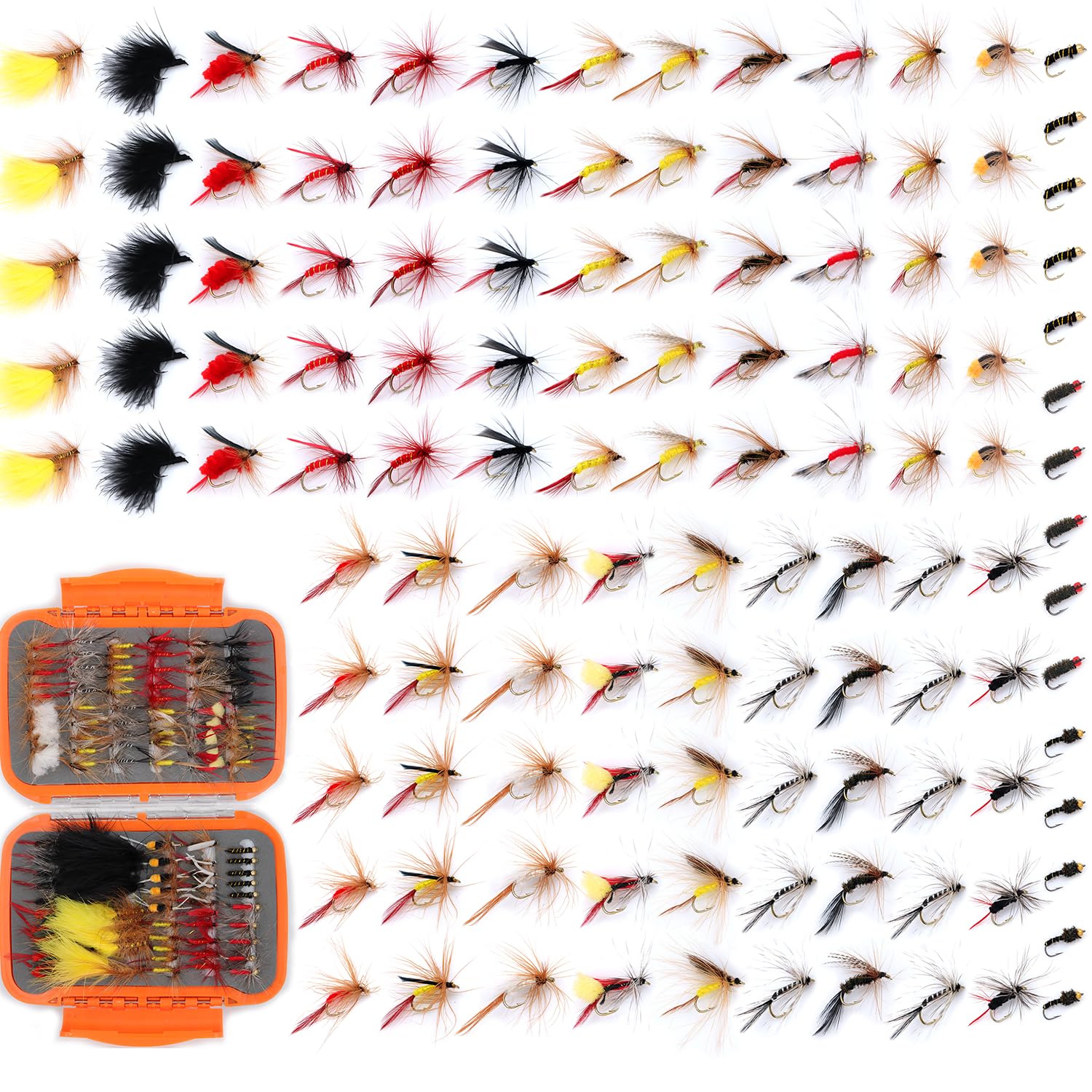 EXAURAFELIS Flying Flies kit Fishing Gear Fishing Lure 64/100/120PCS Dry Wet Flies Tackle Box Fly FishingLures for Bass Salmon Trout Freshwater Walleye Steelhead Bonefish Tarpon Saltwater