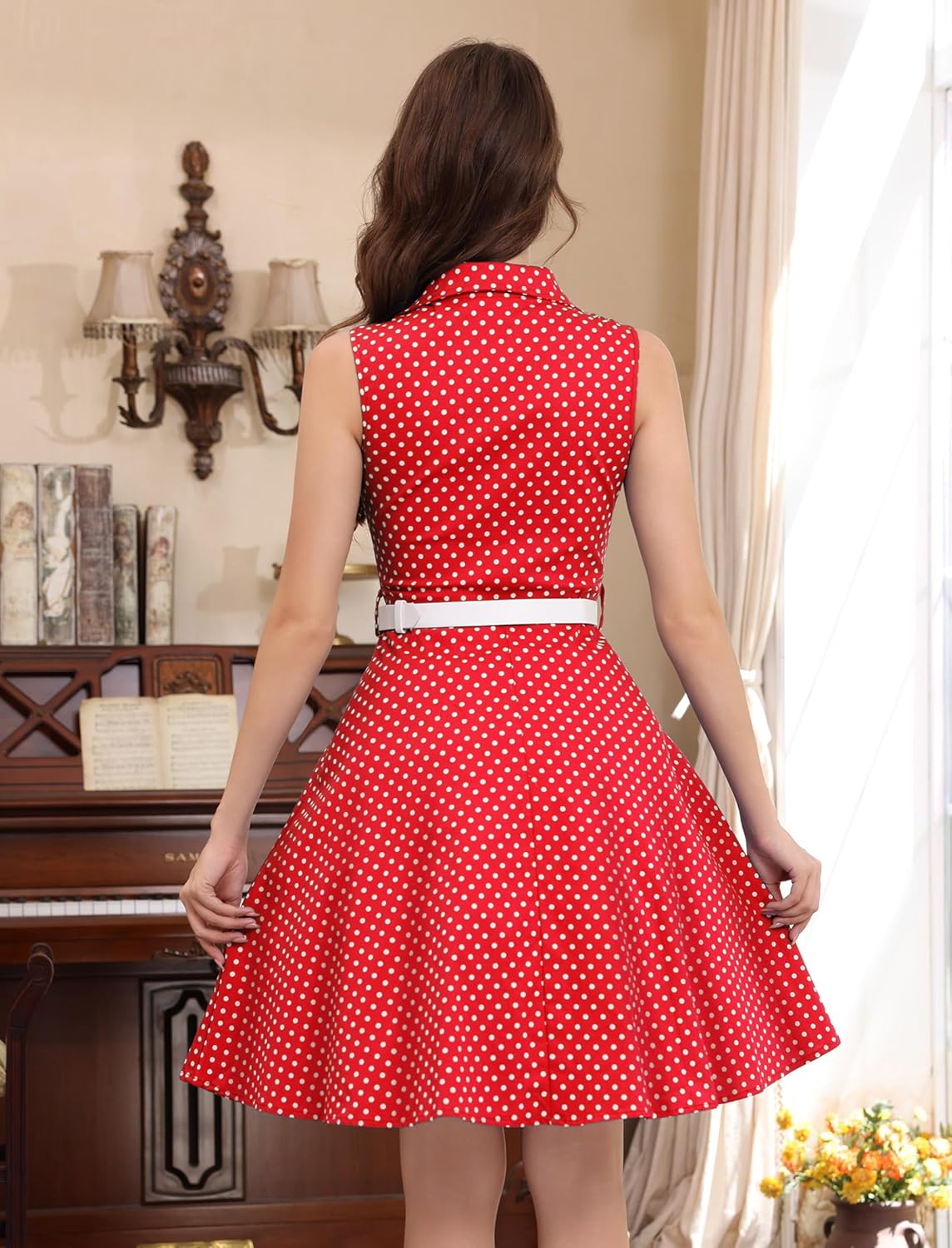 Women's 1950s Retro Polka Dot Vintage Dress Sleeveless Cocktail Prom Swing Midi Belt Dresses Notched Lapel - Image 5