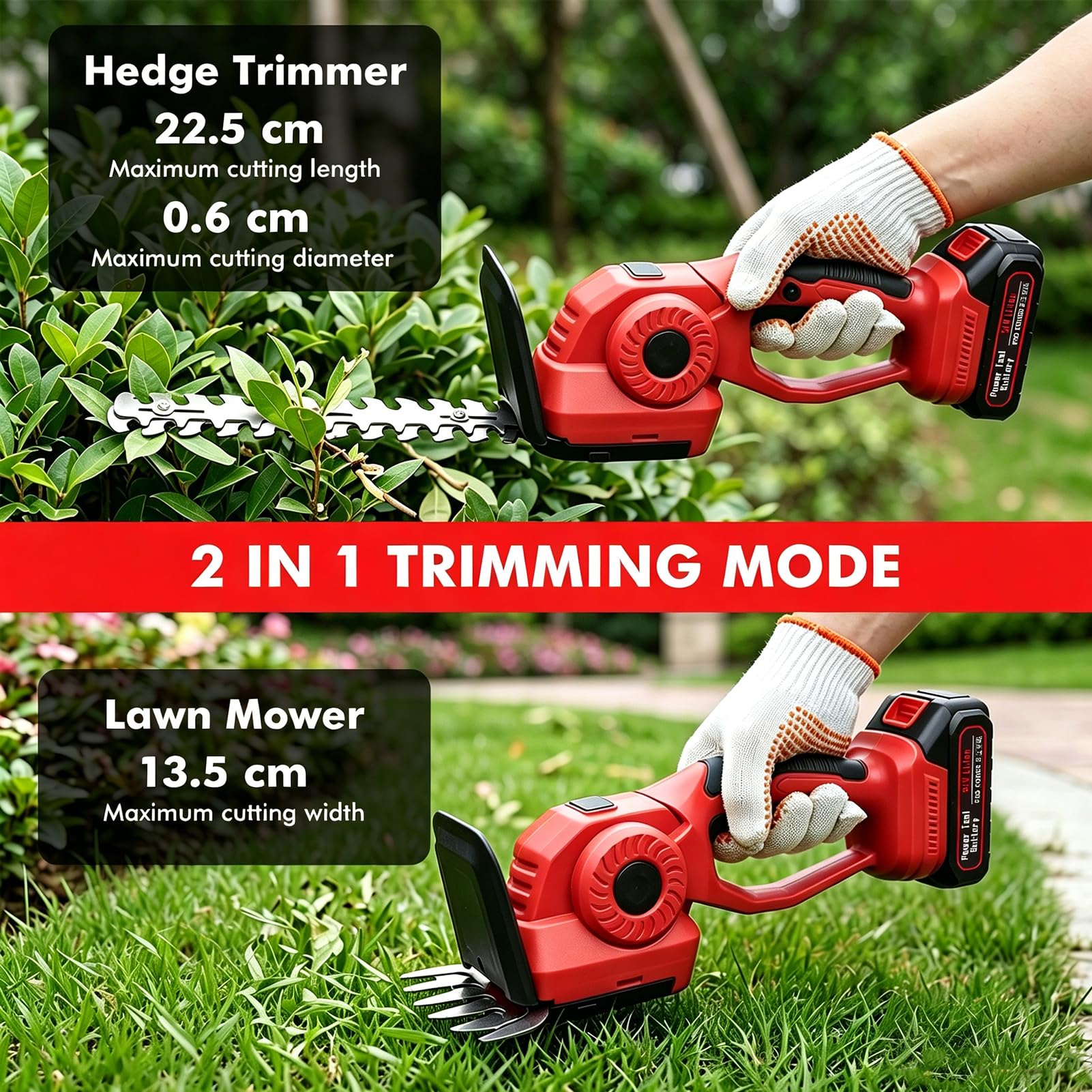 Tijeras de césped y arbustos con batería, 2 en 1, cortasetos con batería, 2 1500 mAh, 2 cuchillos diferentes de 20 cm/12 cm, tijeras de podar para patio, jardín, césped