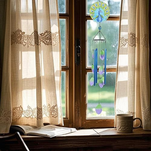 Miniatura 6 de MUMTOP Campanillas de viento para exteriores de cristal de pavo real, campanillas de viento de tono profundo para exteriores, únicas para patio,
