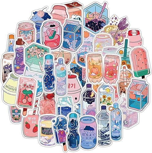 Calcomanías de té de burbujas, calcomanías de bebidas de dibujos animados  50 unidades  Vinilo de verano impermeable yogur jugo cerveza botella