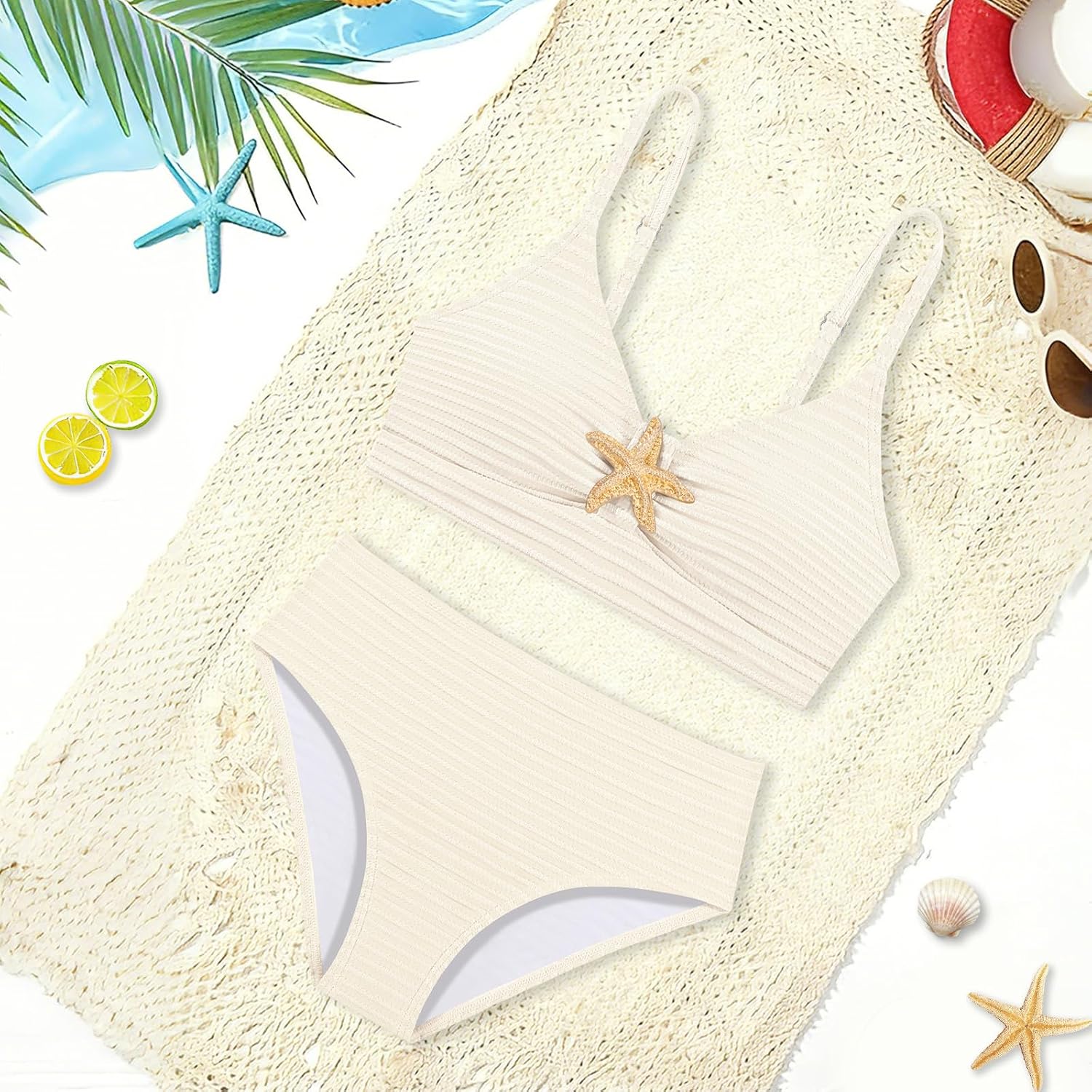 Girls Swimsuit 2 Piece Bikini Sets V Neck High Waisted Textured Ruched Solid Chest Padded Beach Bathing Suits 7-16Y