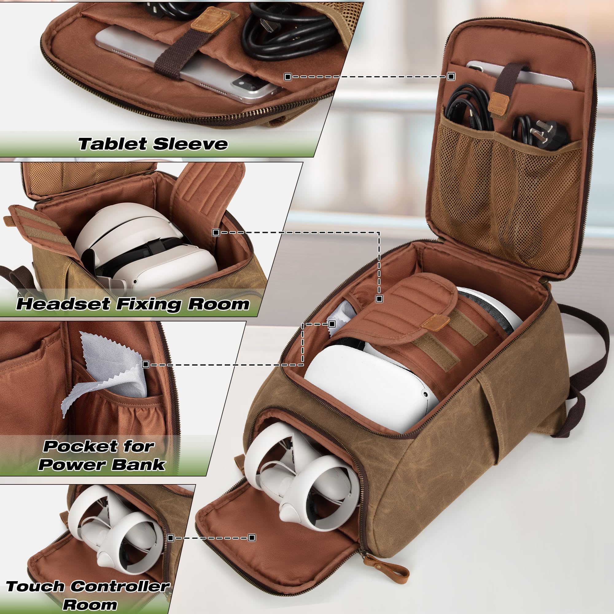 Trunab Etui do przenoszenia kompatybilne z Oculus Meta Quest 2/3/3 Pro/Elite Strap, etui podróżne plecak vintage z wieloma kieszeniami na zestaw słuchawkowy VR, kontroler dotykowy i akcesoria do gier,
