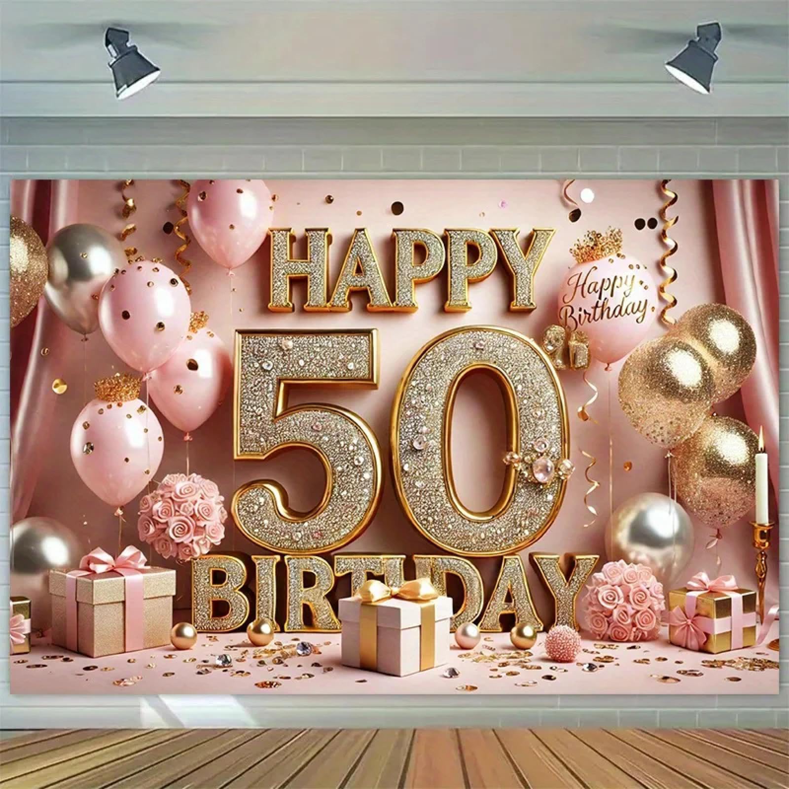 2D Płaski 50Birthday Background Banner Vinyl Background Golden Happy 50Birthday Text