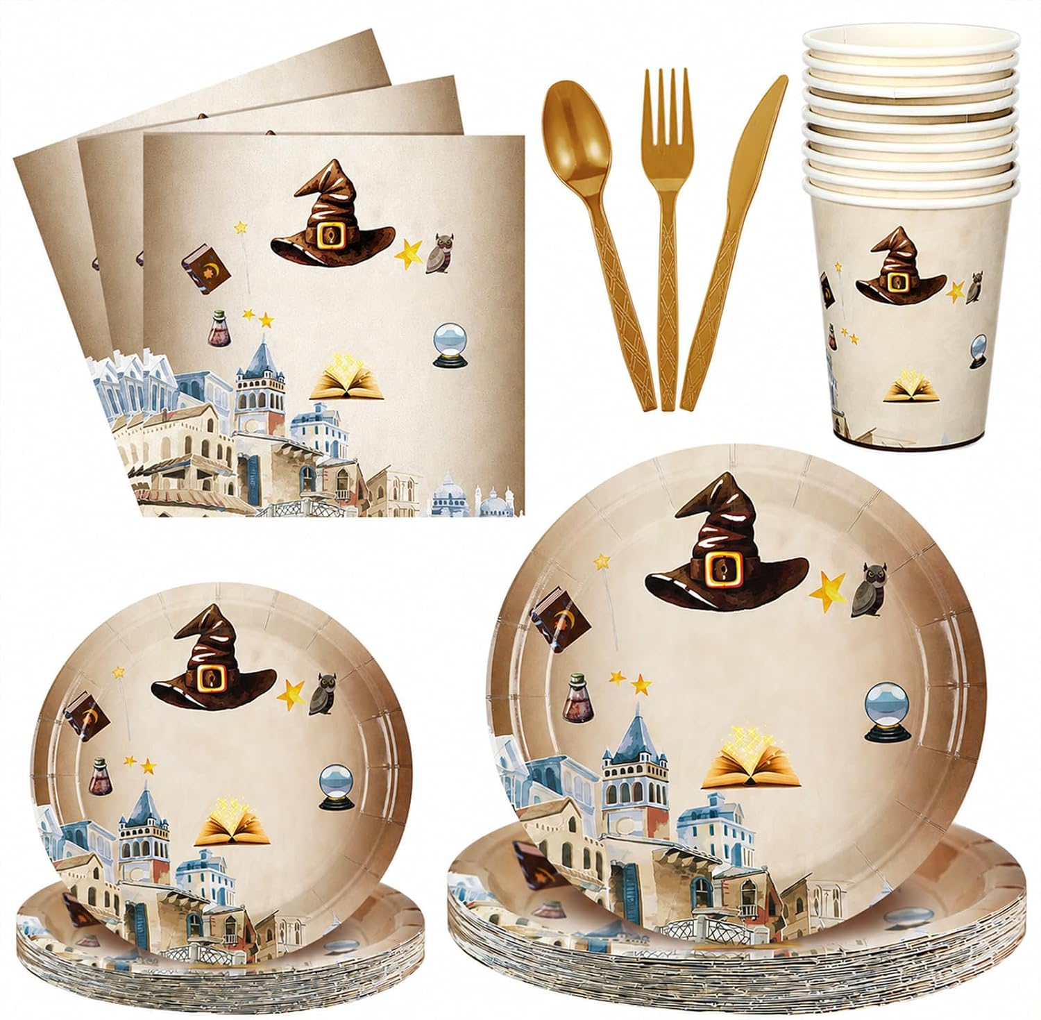 350 Pcs Magical Wizard Party Decorations Supplies A Magical Bundle Is On The Way Tableware Set Disposable Plates Cups Napkins Cutlery for Birthday Shower Wizard Party, Serve 50