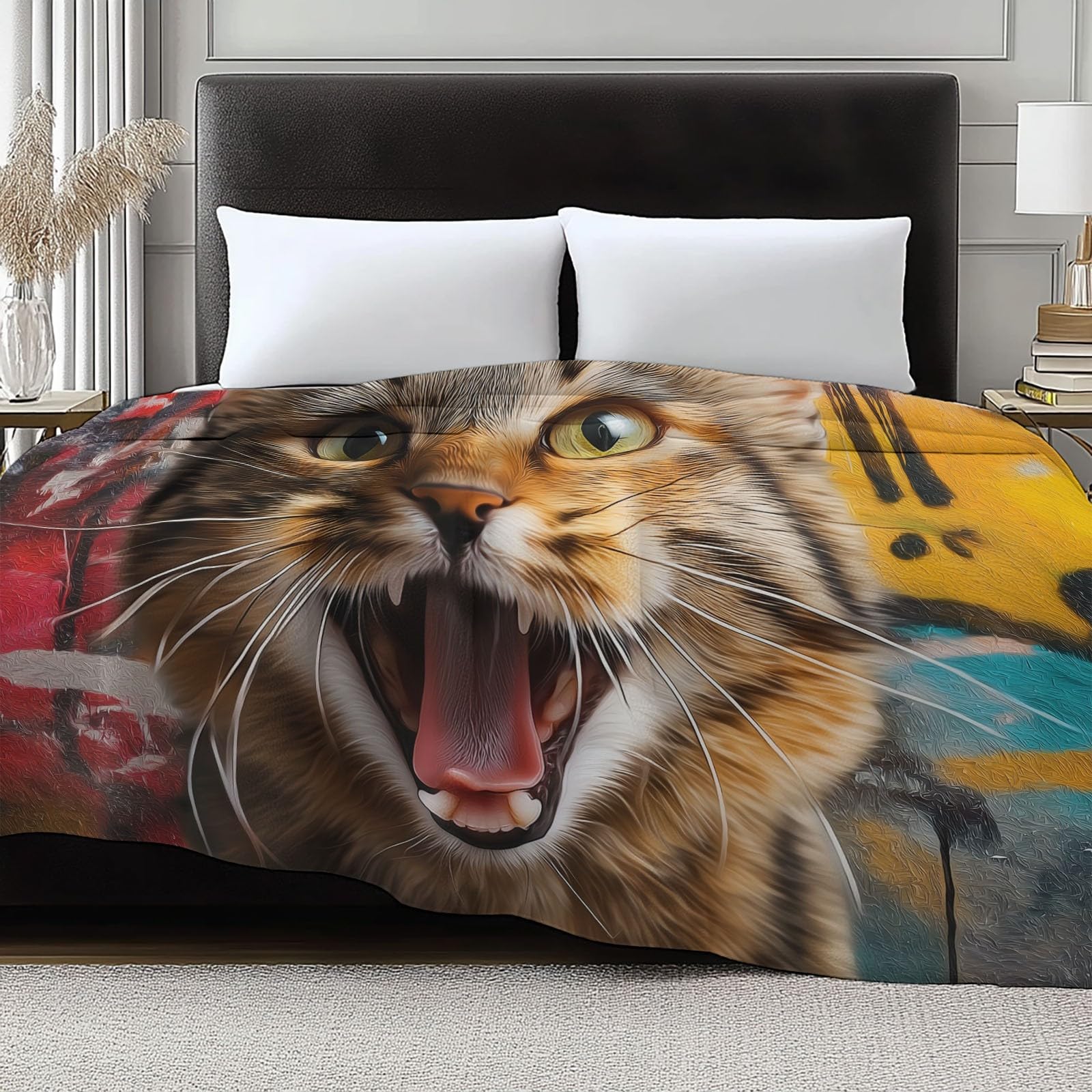 Genérico Wełniane koce flanelowe Graffiti Kot Ściana, Pluszowe Koce Extra Puszyste, Wielokolorowy Koc Sofa Lekka i Przytulna Mikrofibra/Koc Sofa Dzieci Dorośli 220 x 240 cm