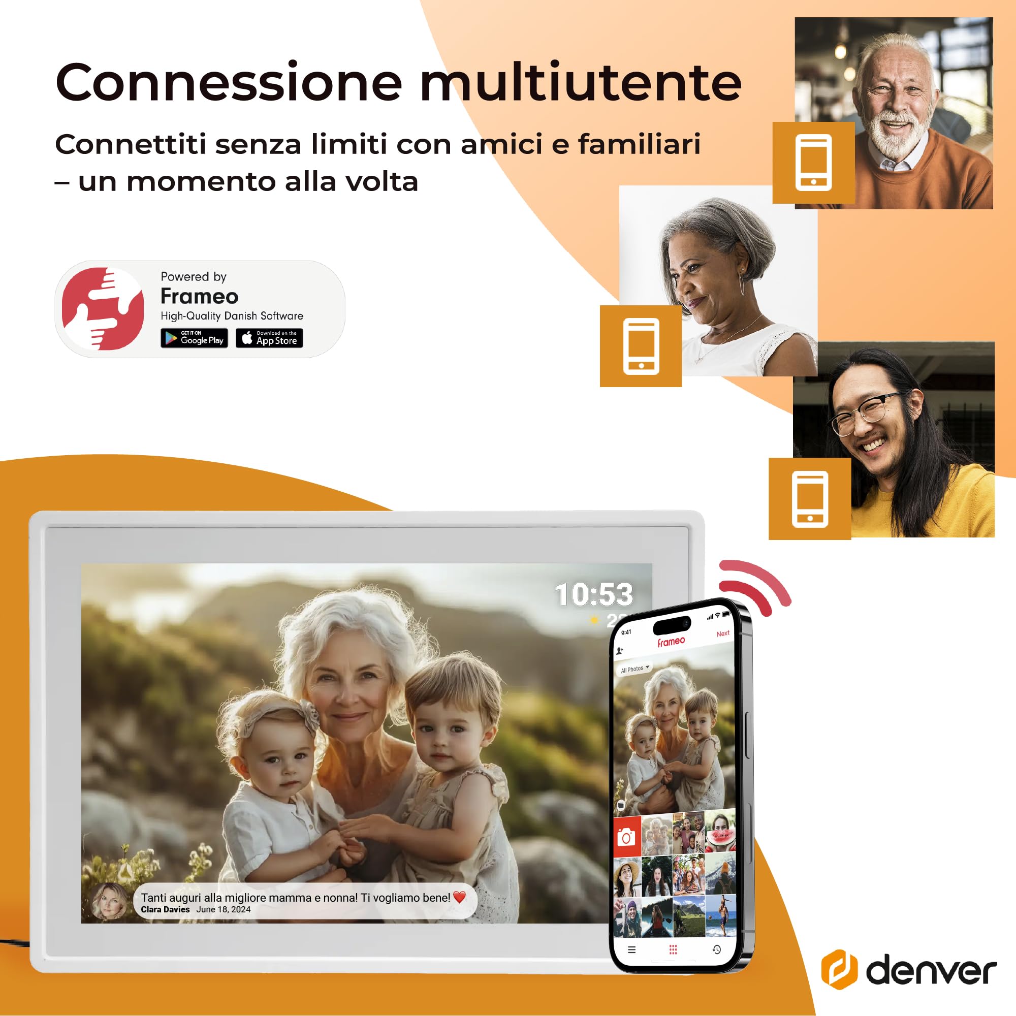 Cornice Digitale 10 Pollici WiFi – Schermo IPS HD 1280x800 – Portafoto Digitale Frameo Denver per Foto e Video – Cornice Elettronica Touchscreen Smart – 16GB Memoria – Slot microSD – Bianca