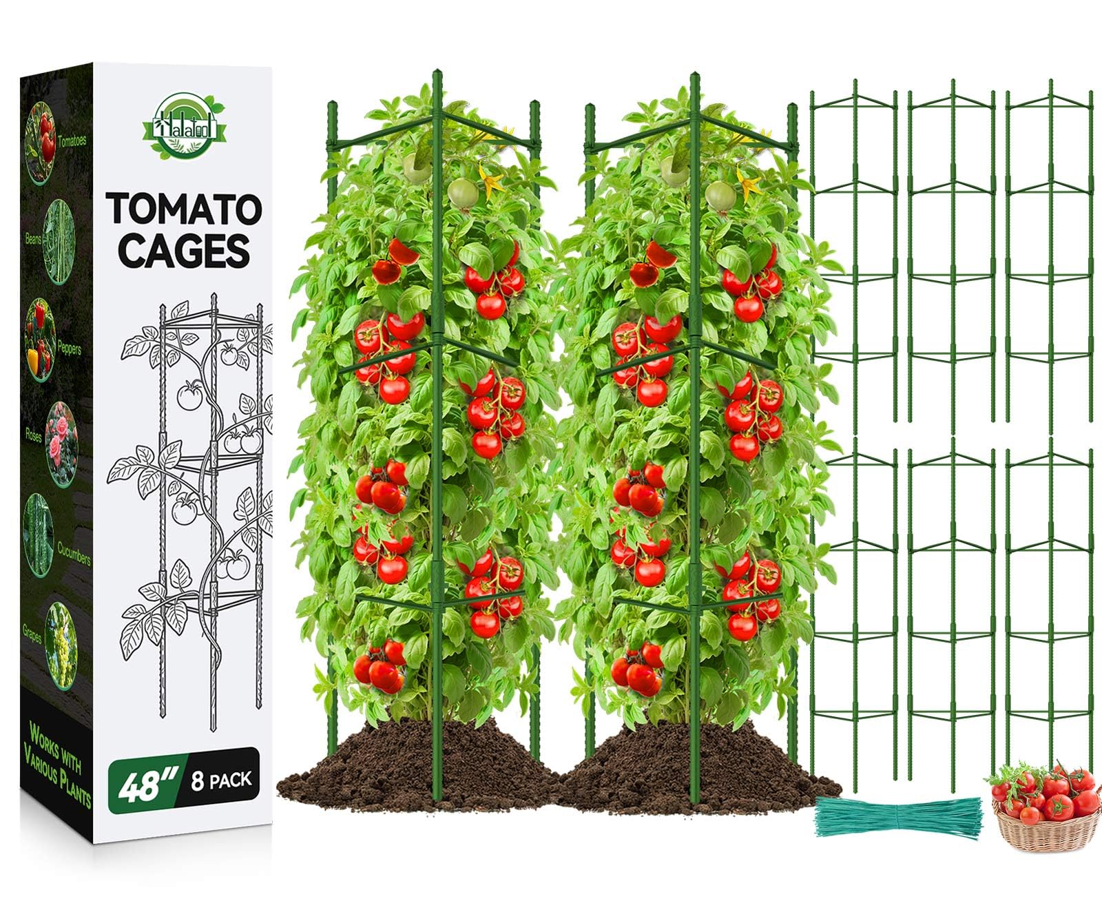 Halatool Tomaten Rankhilfe 8 Stück,120cm Pflanzenstütze Pfahl, Verstellbarer Tomatenkäfig, Gartenpfähle, Tomatenspalier für Töpfe, Tomatenpflanzenstütze für Hochbeet und Klettergemüse,Blumenstütze