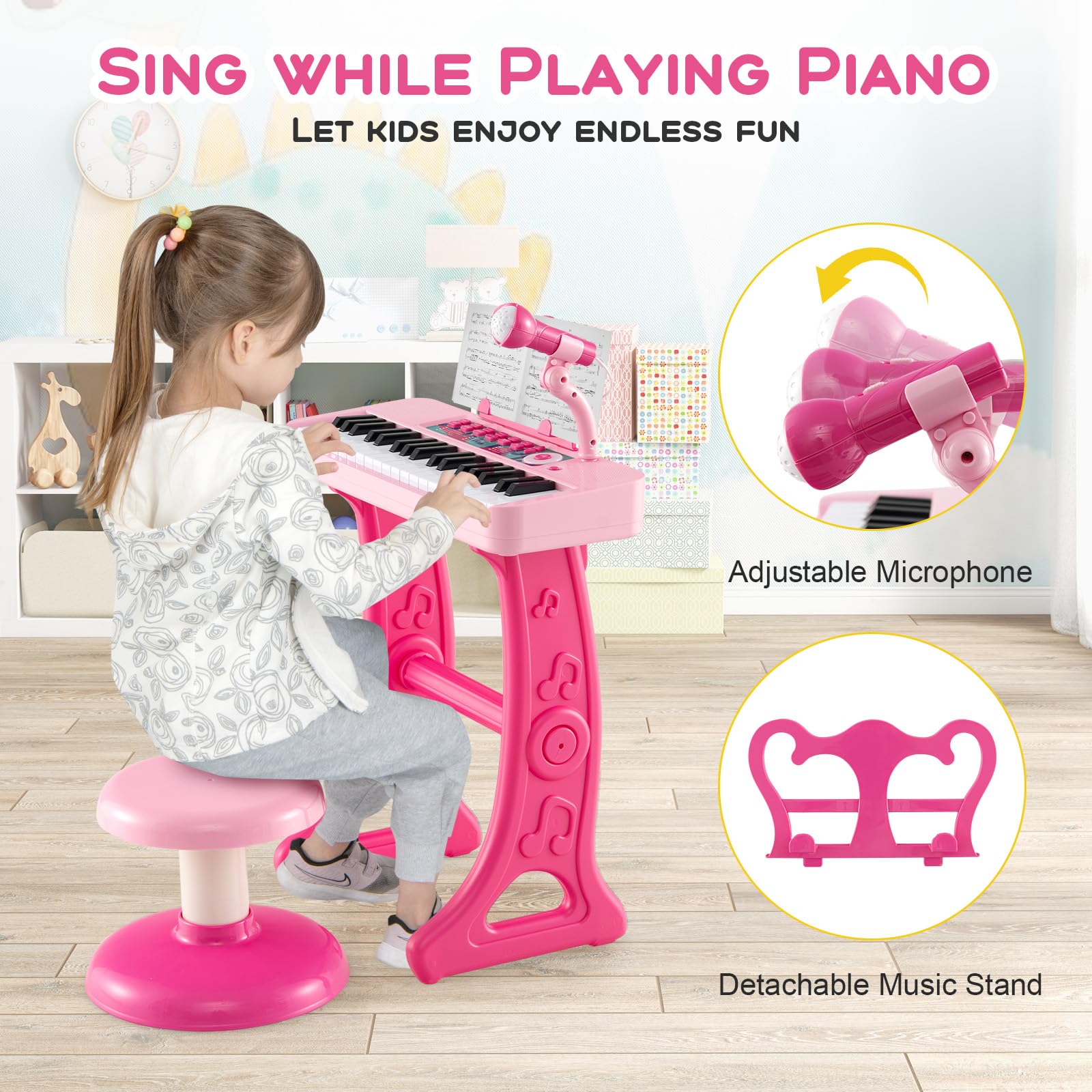 FANTASK Tastiera per bambini a 37 tasti, con sgabello e microfono (rosa)