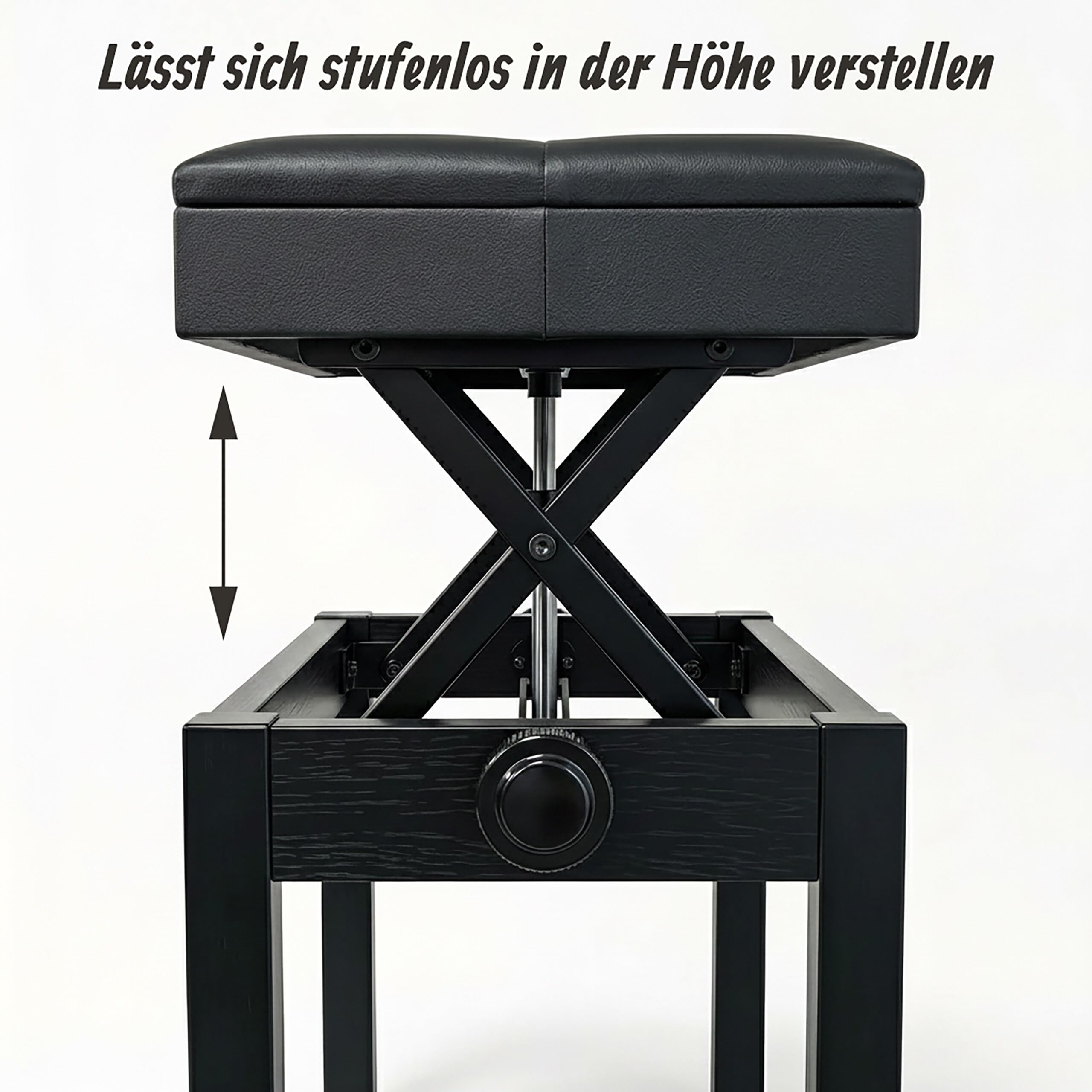 Relaxdays Klavierhocker, höhenverstellbar, schwarz | HxBxT: 48–58 x 55 x 33 cm, mit Stauraum, Holz, Kunstleder, Pianobank