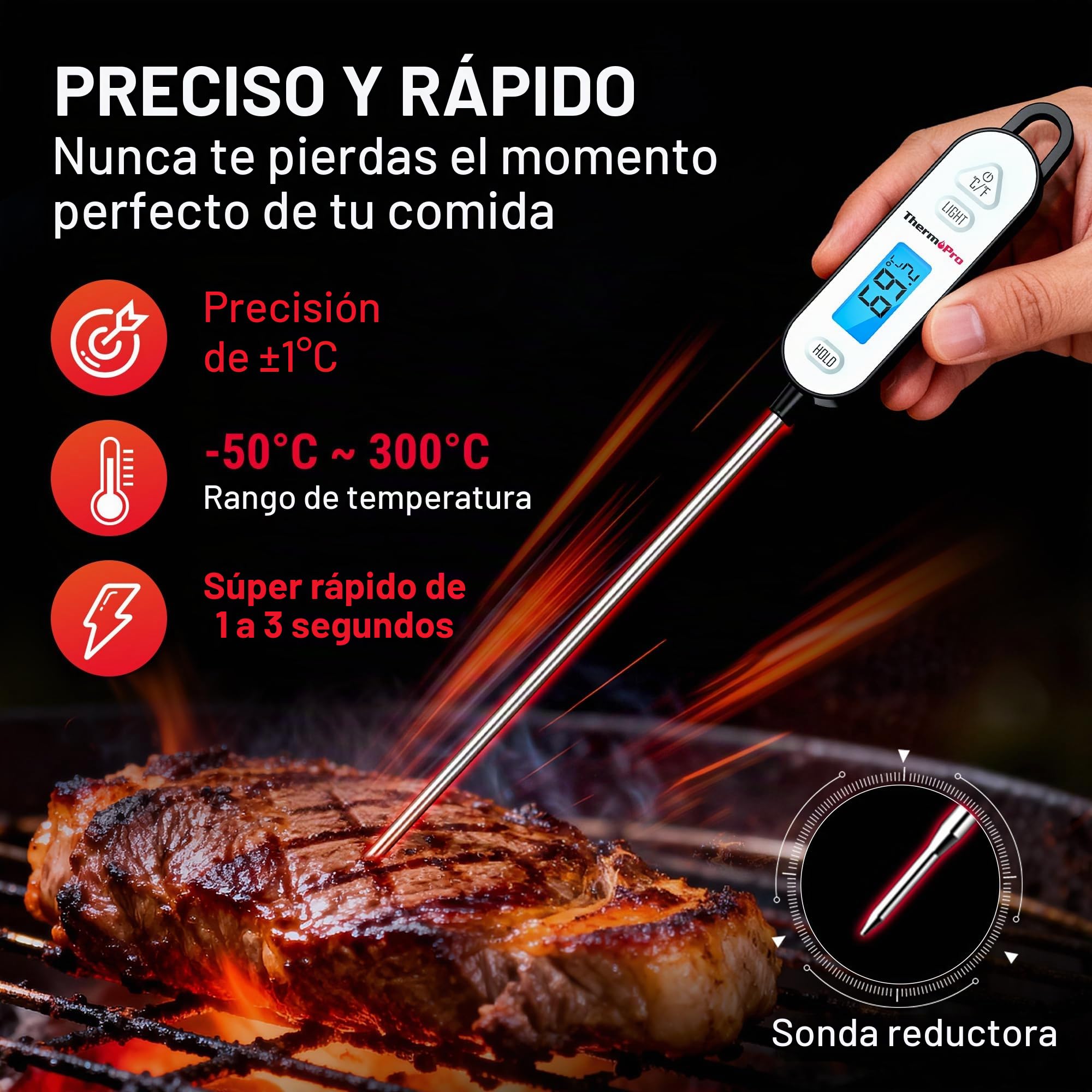 ThermoPro Termómetros digitales para carne, termómetro para alimentos con retroiluminación y función de bloqueo, sonda impermeable con botón ℃/℉, para cocinar, barbacoa, mermelada, aceite y agua